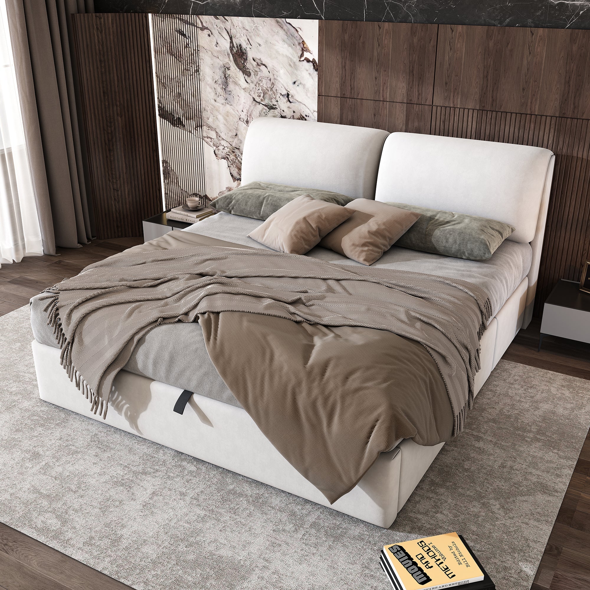 Logidon gestoffeerd bed 180x200 beige fluweel met bedkast en drie lades