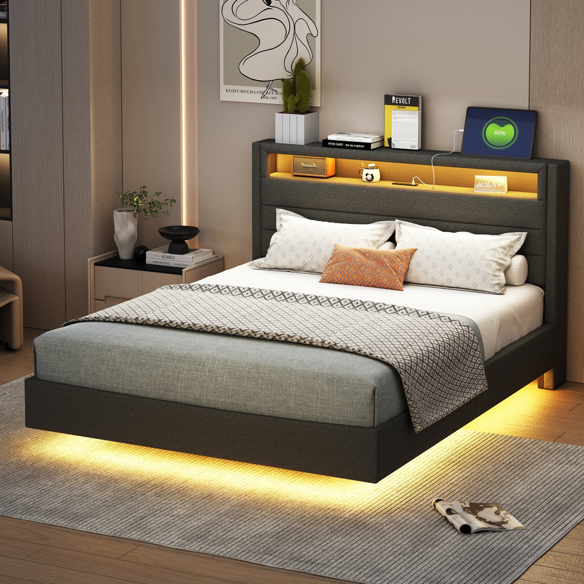 Logidon bed 140x200 cm grijs USB-aansluiting LED omkeerbaar hoofdeinde