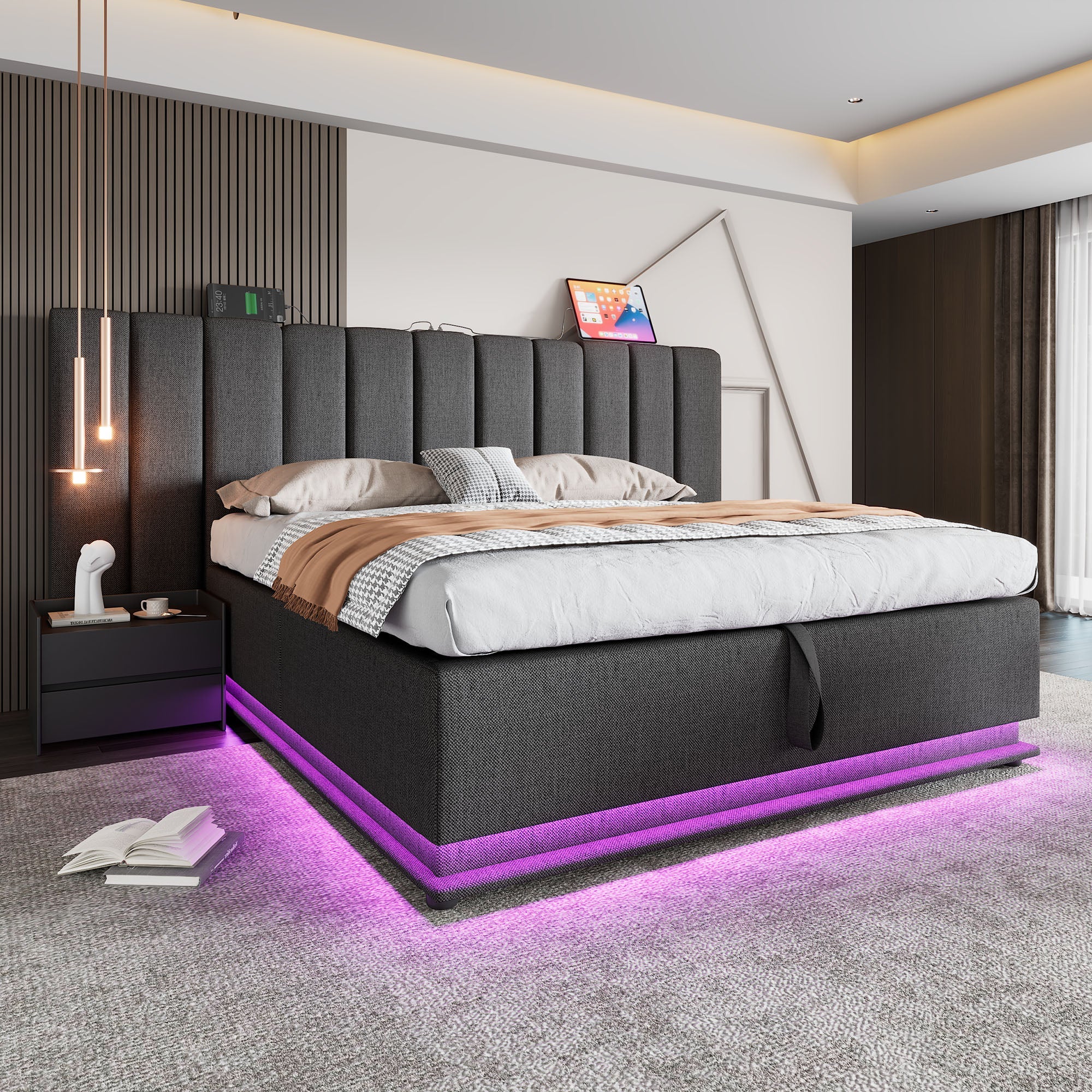 Logidon gestoffeerd bed 160x200 grijs met opbergruimte LED app bediening