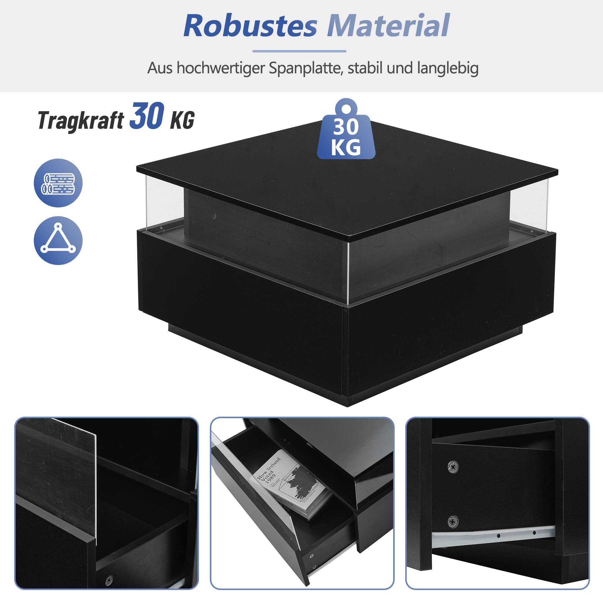 Logidon hoogglans LED salontafel 90x55x45 cm zwart 2 lades