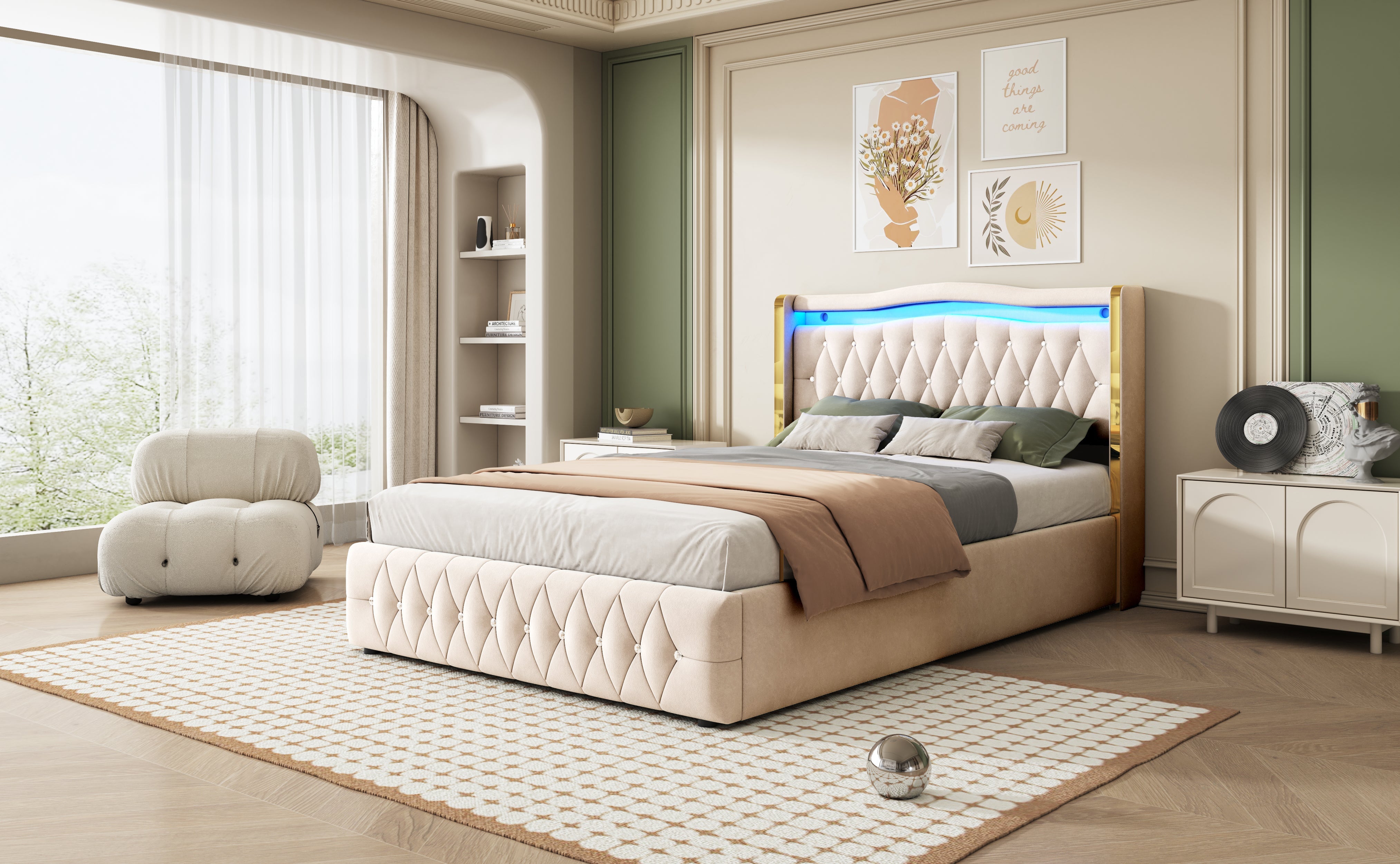 Logidon gestoffeerd bed 140x200 beige fluweel LED-verlichting hydraulisch