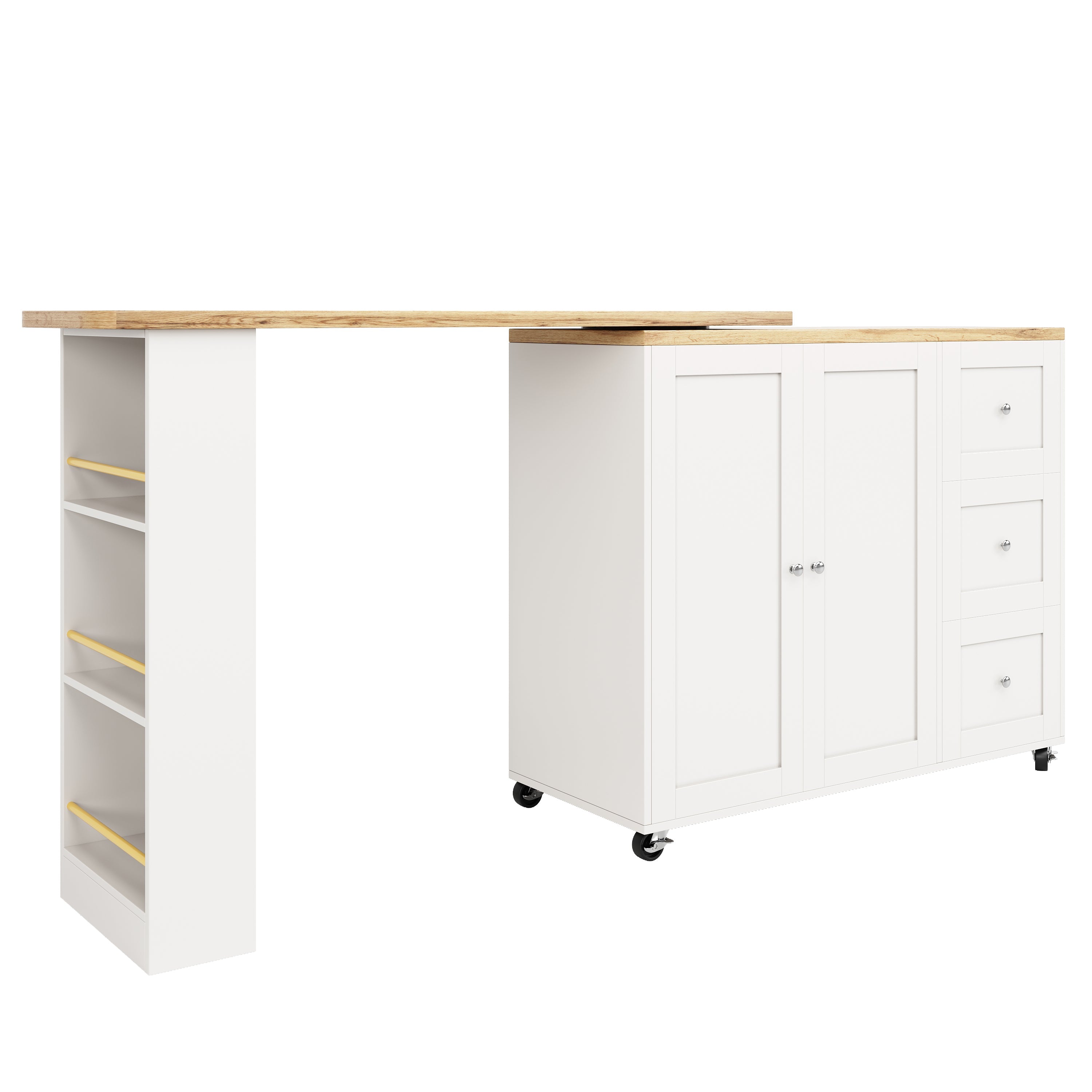 Logidon Swivel Dining Table White with Wheels Three Drawers 138-209 cm