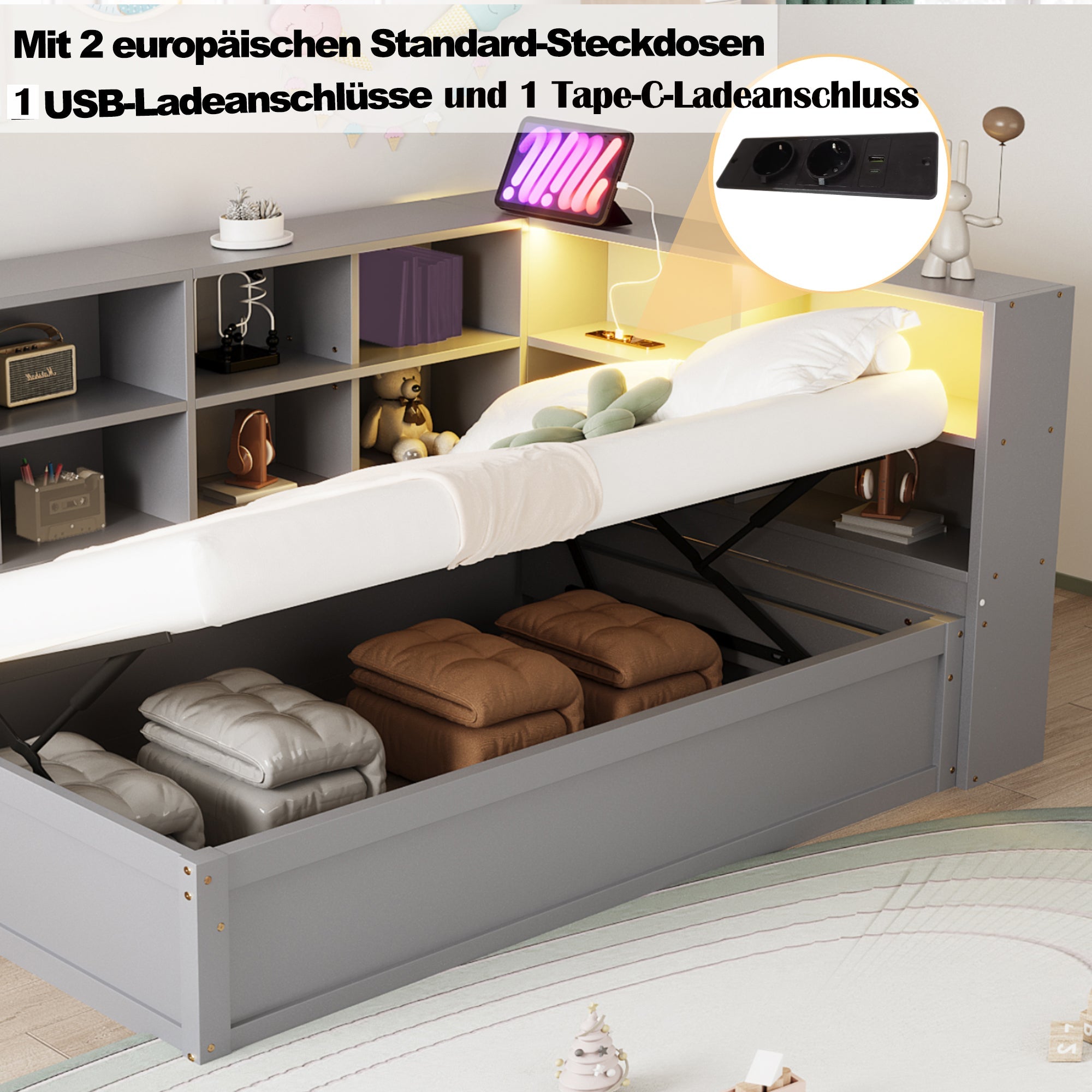 Logidon slaapbank 90x200 grijs met meerdere stopcontacten en opbergvakken