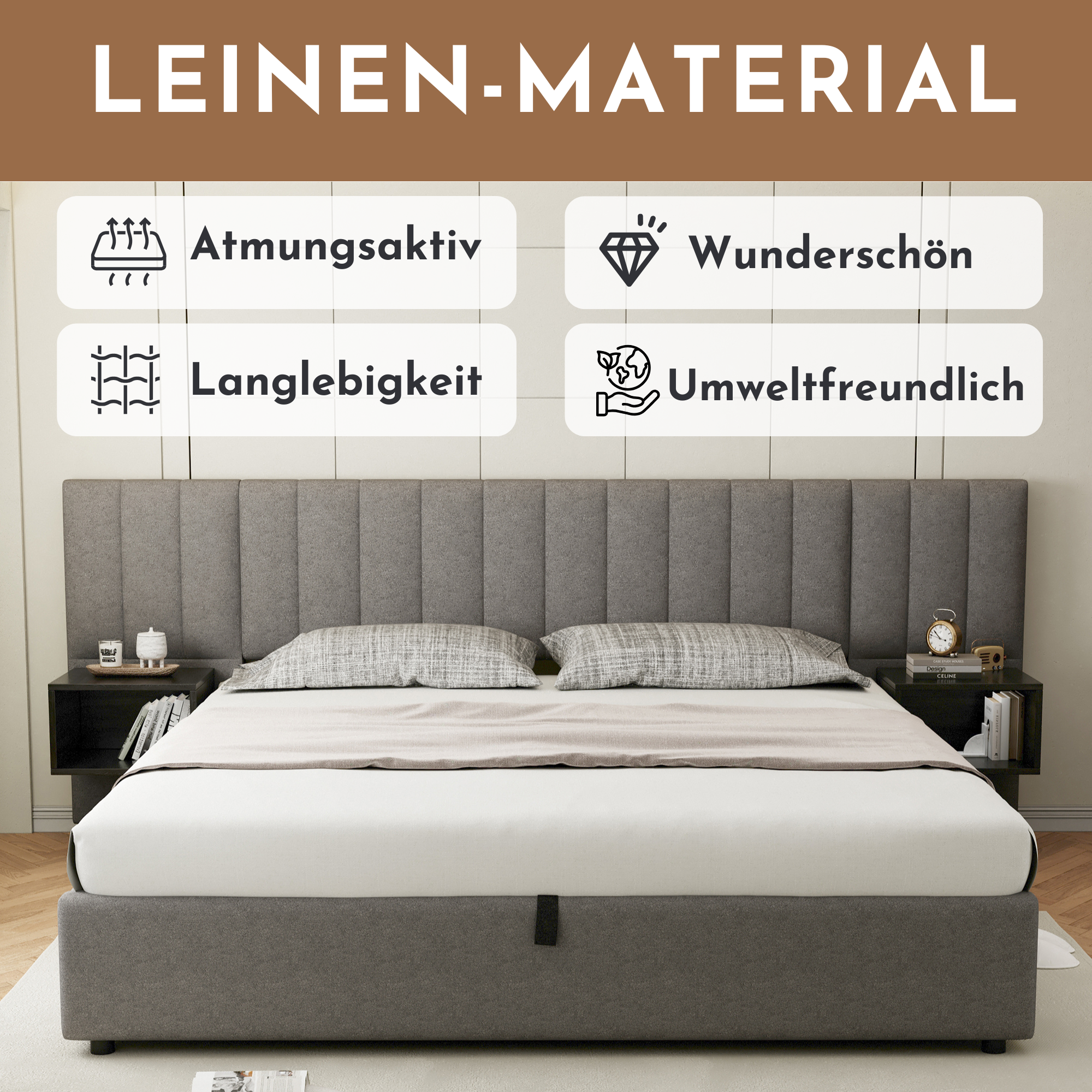 Logidon Gestoffeerd bed 160x200 cm met hydraulische opbergruimte grijs zwart