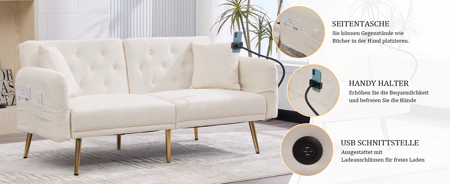 Logidon slaapbank tweezits beige fluweel met verstelbare rugleuning USB