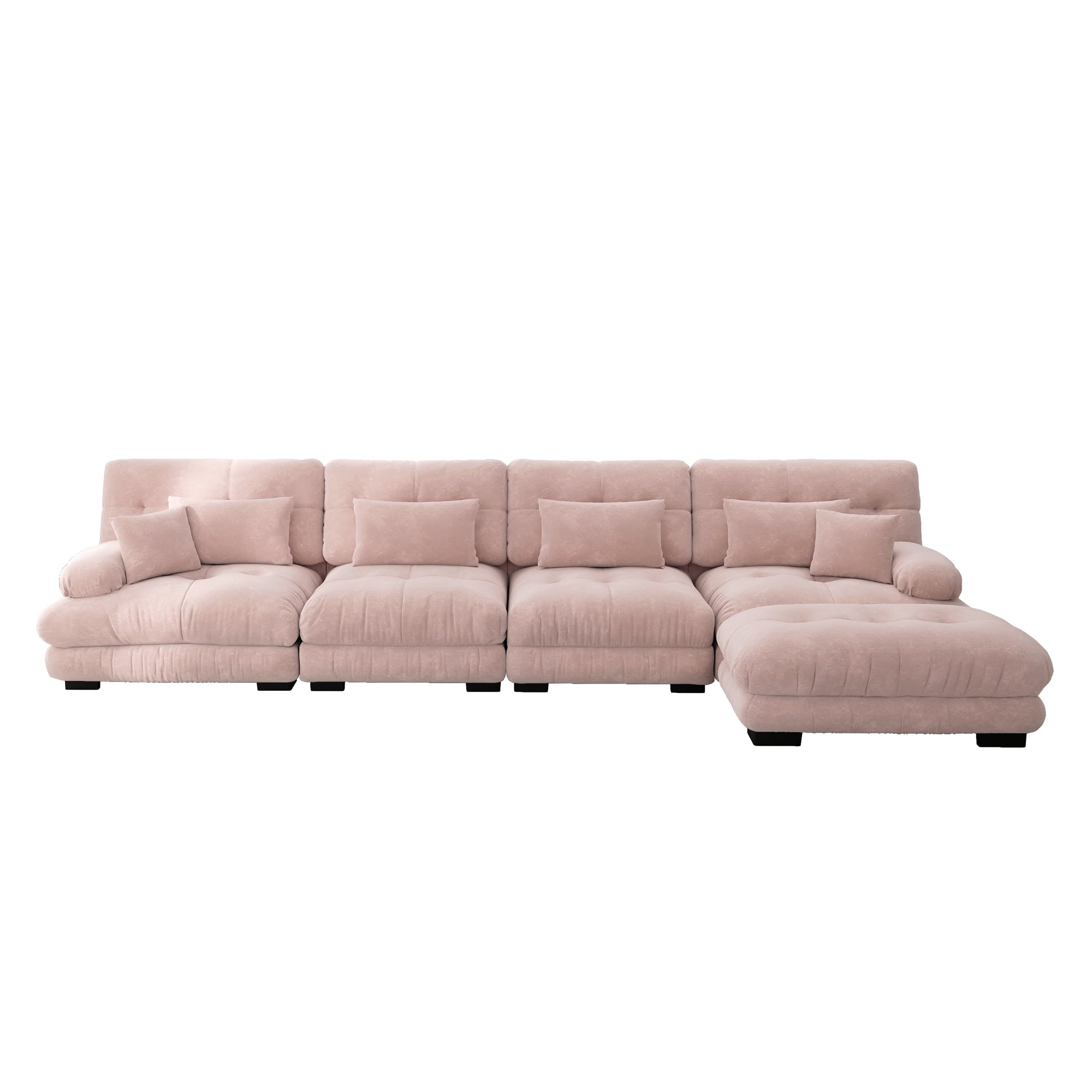 Logidon Modulaire hoekbank roze fluweel L-vorm 4-zits met kruk