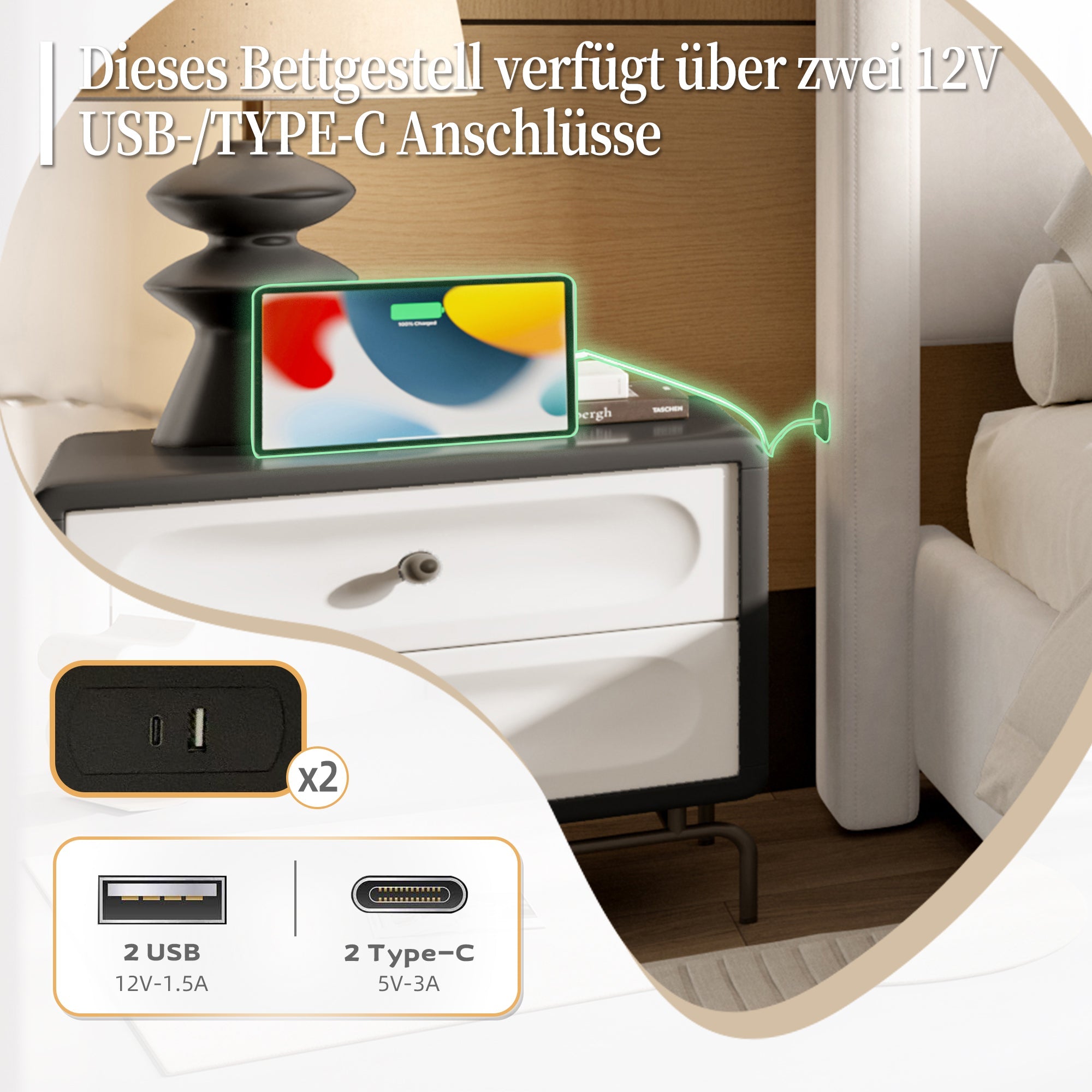 Logidon stoffen bedframe 140x190 beige velours USB-aansluiting