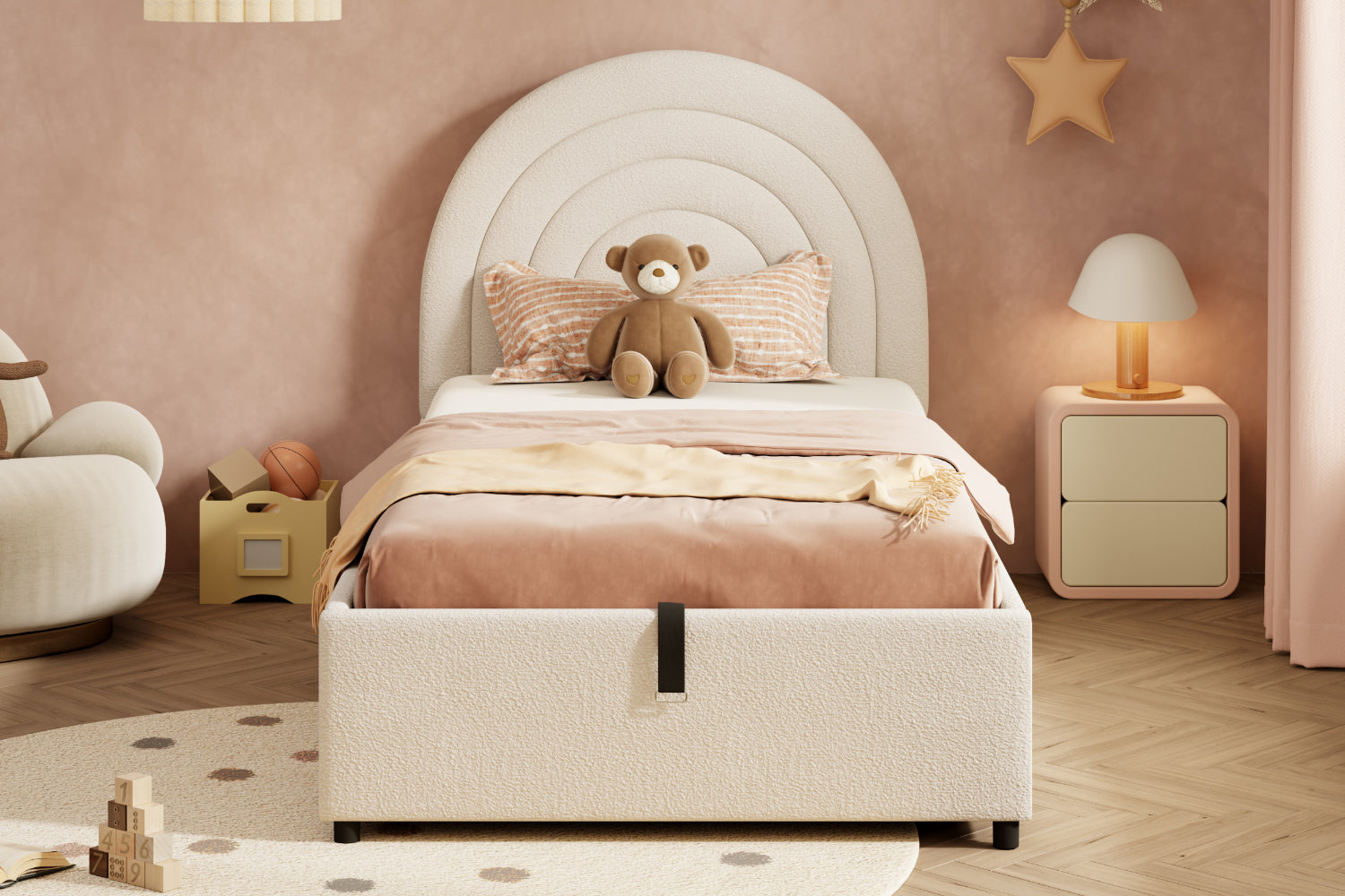 Logidon kinderbed 90x200 beige bouclé hoofdbord lattenbodem