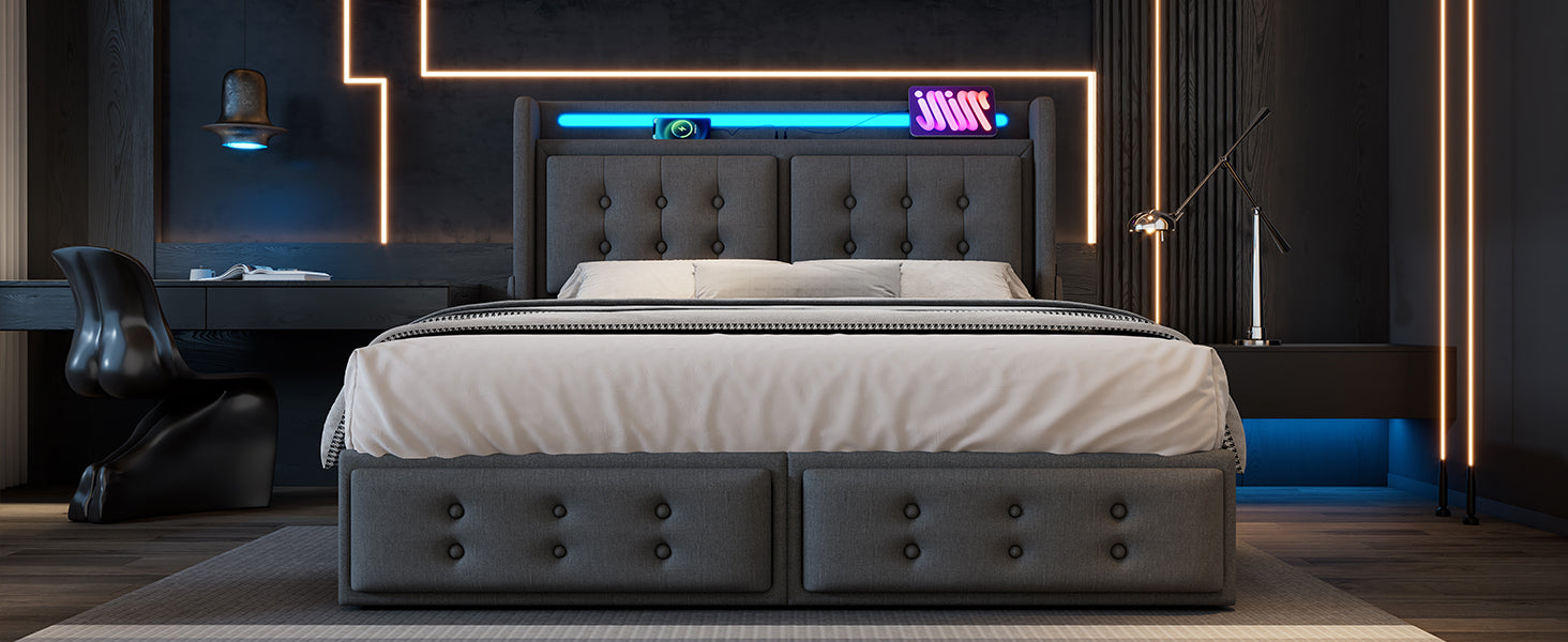 Logidon gestoffeerd bed 160x200 grijs met LED hoofdbord USB-C