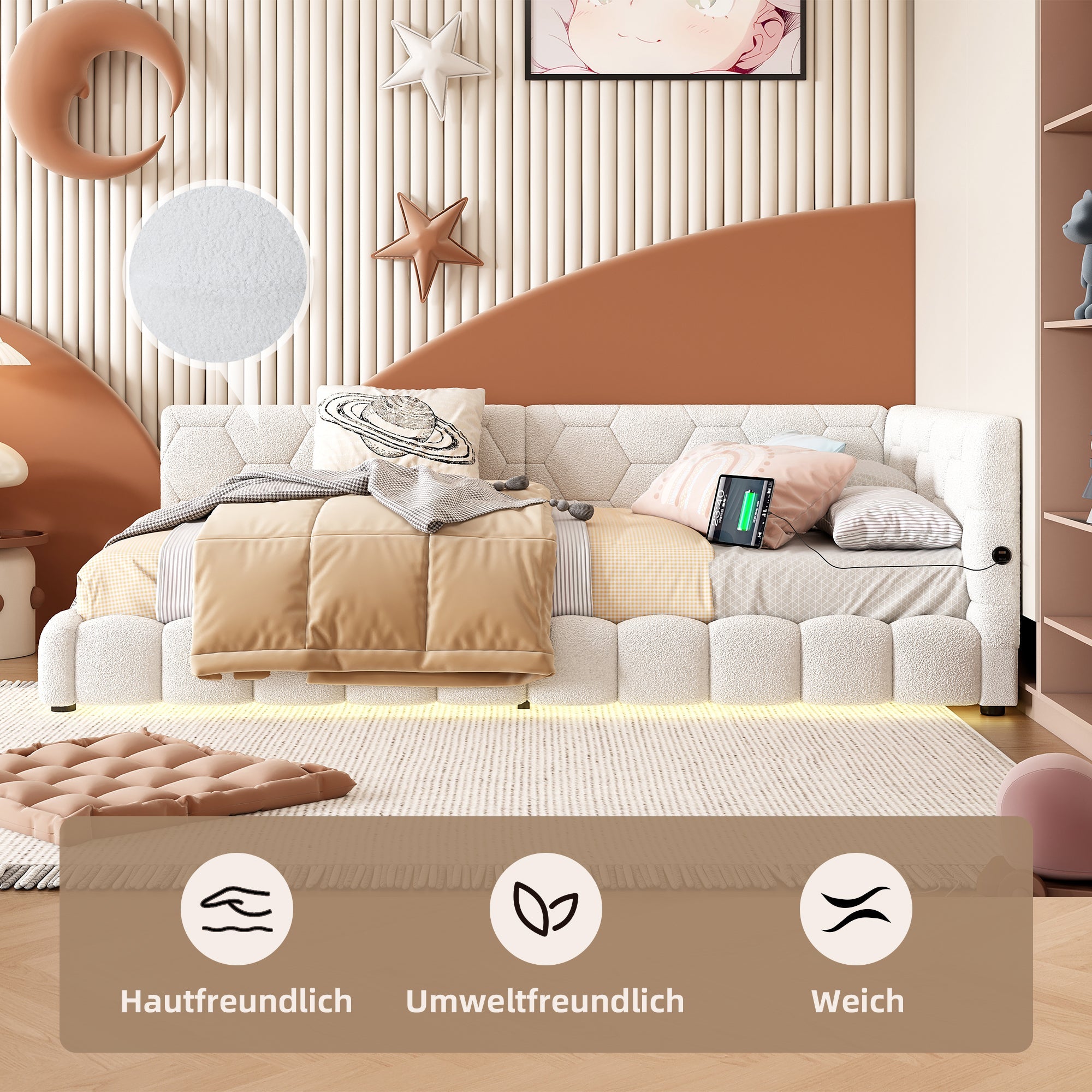 Logidon Daybed 90x200 cm slaapbank wit fluweel lattenbodem USB C
