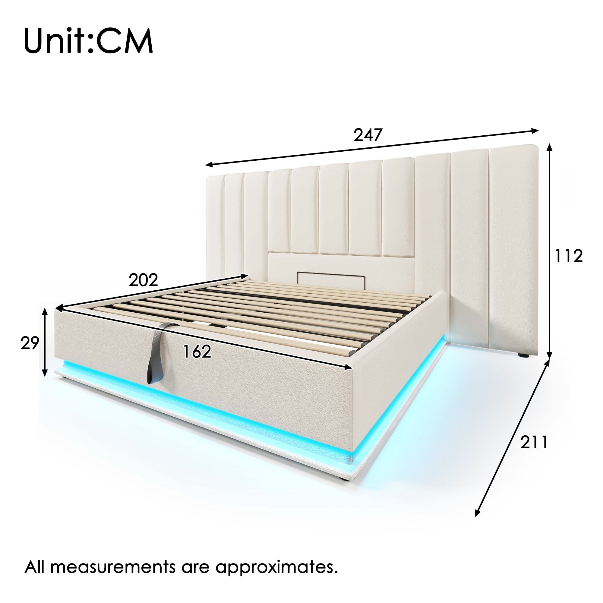 Logidon gestoffeerd bed 160x200 wit met opbergruimte en app-gestuurde LED-verlichting