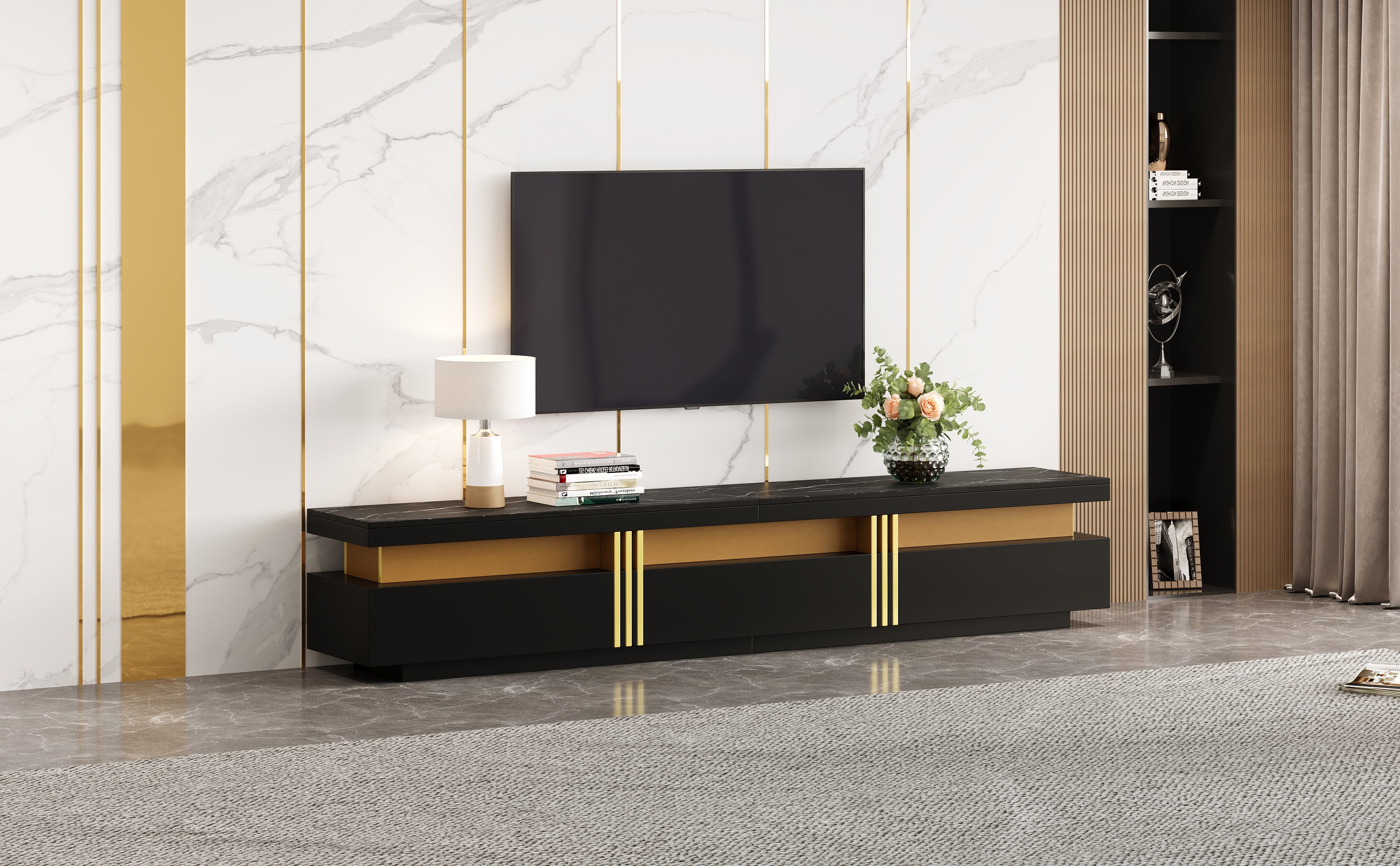 Logidon Zwarte tv-wandmeubelset 2 tv-kast salontafel marmerlook