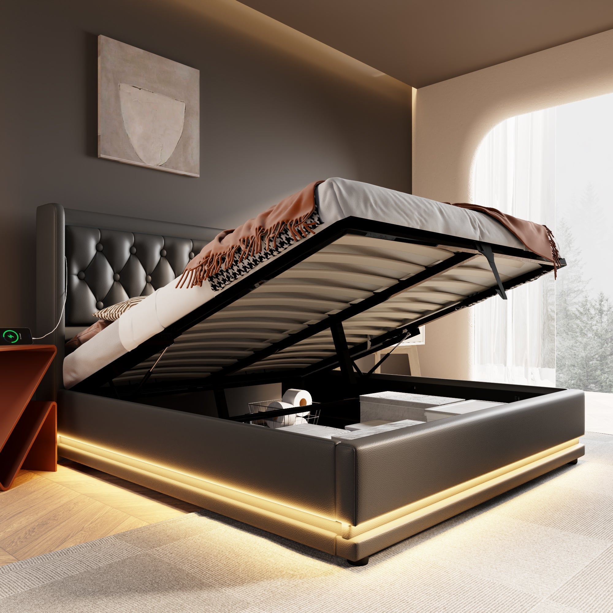 Logidon Upholstered Bed 160x200 Black PU Hydraulic Storage USB C
