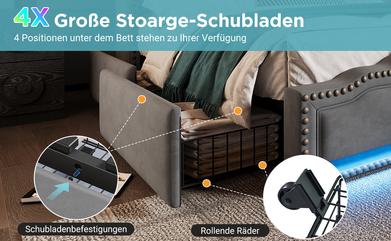 Logidon gestoffeerd bed 140x200 fluweelgrijs met 4 oplaad-LED-lampjes USB C