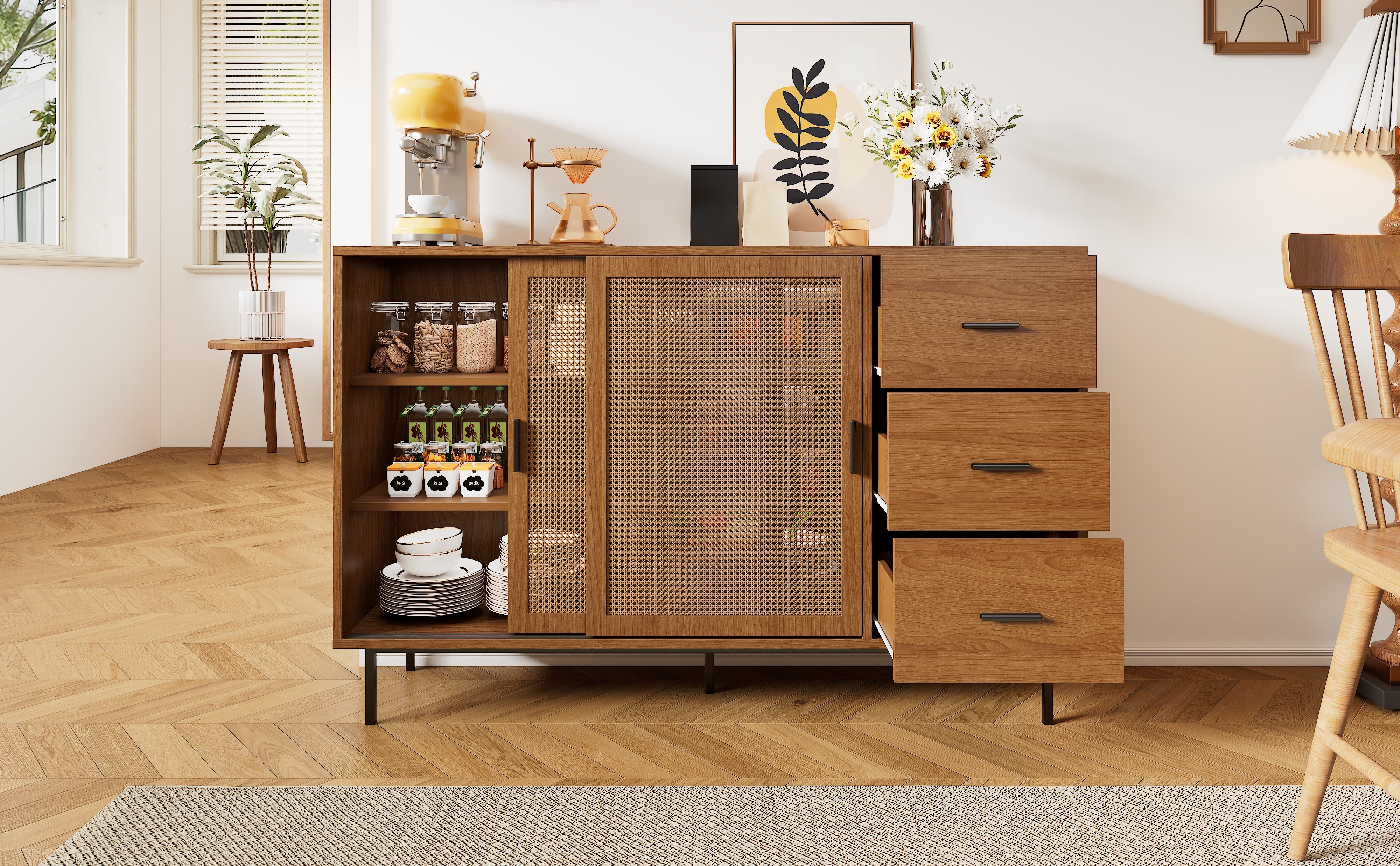 Logidon dressoir naturel 140x37x91cm met 2 schuifdeuren en 3 lades