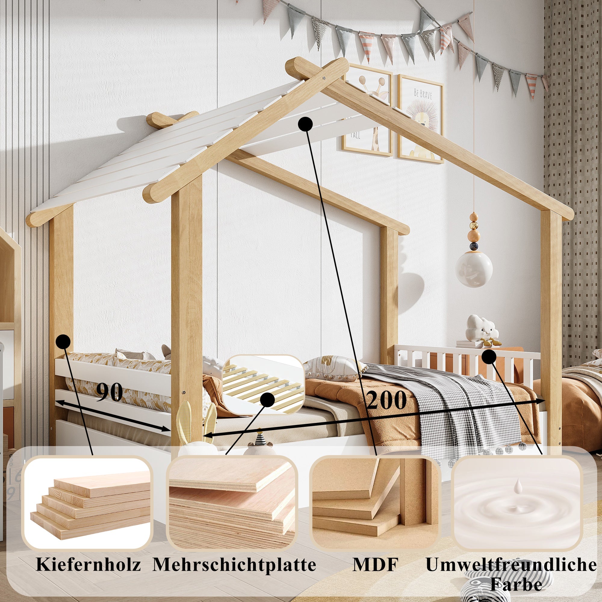 Logidon children's bed 90x200 cm white natural - wooden house design slatted frame