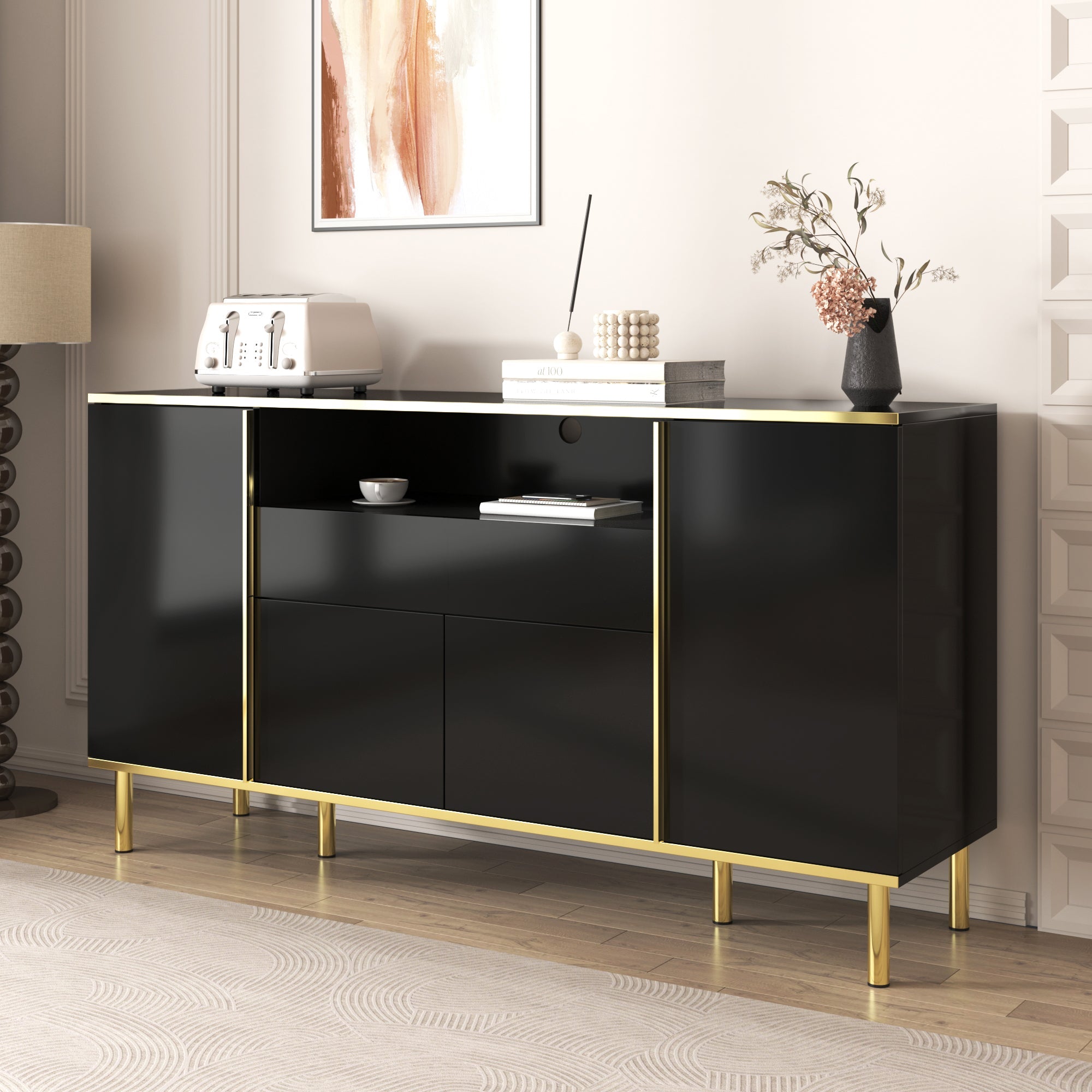 Logidon high-gloss sideboard black 150x40x80 with LED accents