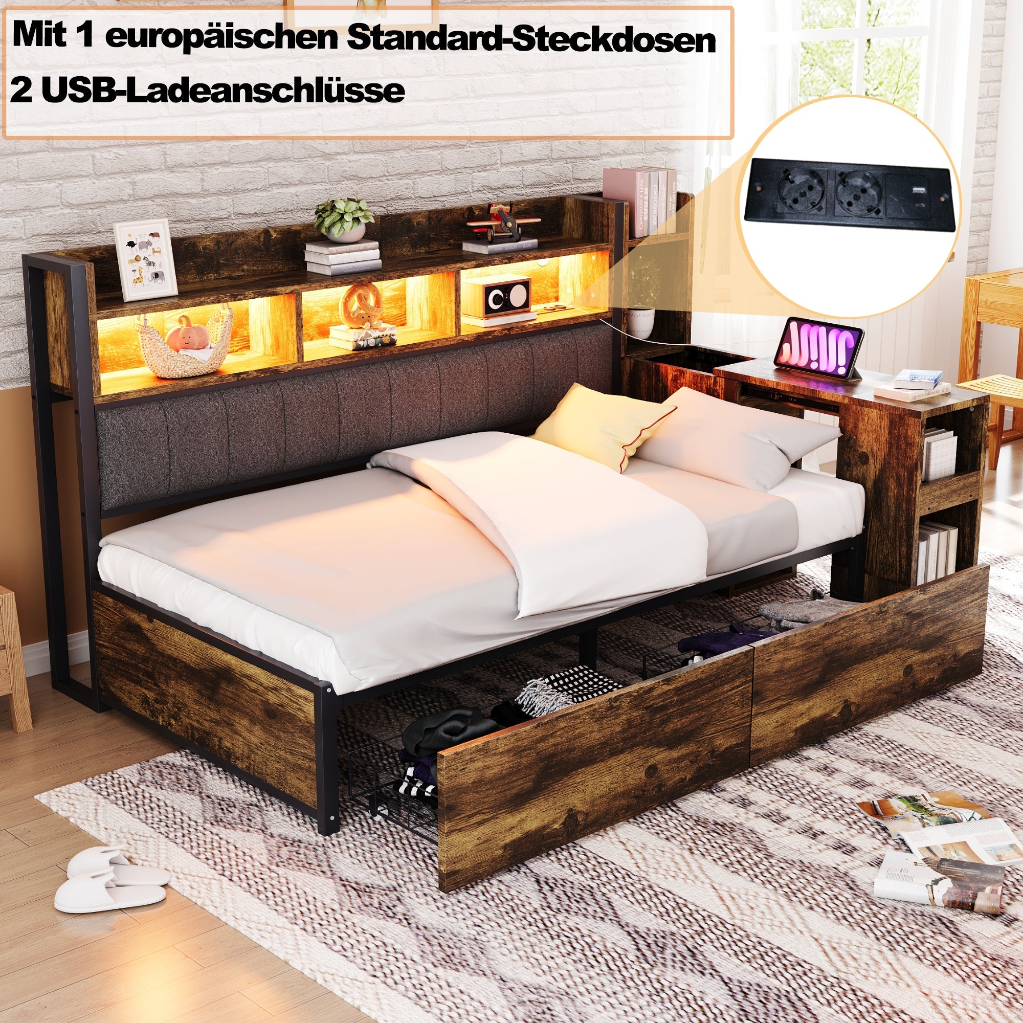 Logidon ijzeren slaapbank 90 x 200 cm houtlook opbergruimte LED