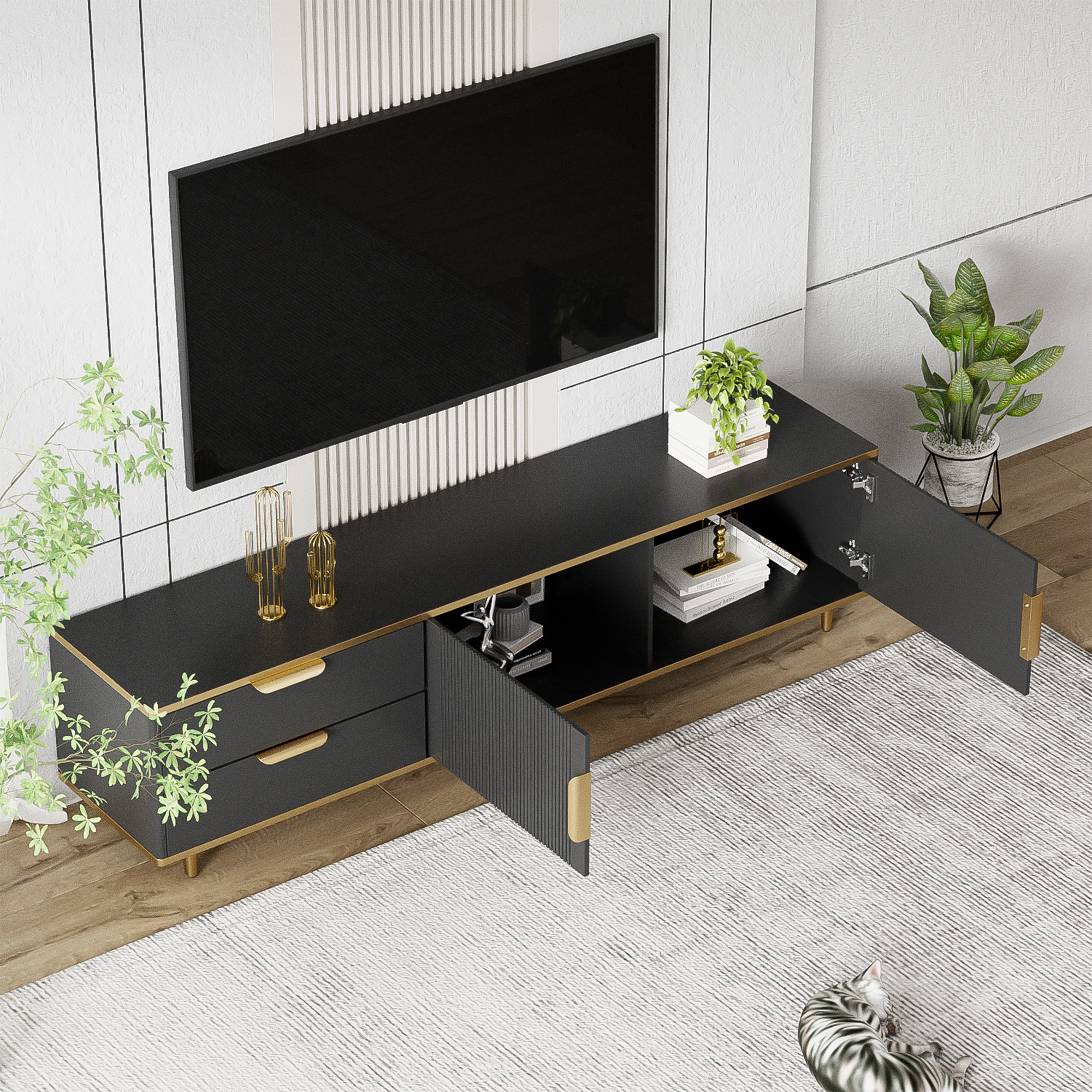 Logidon TV-meubel Lage Plaat Zwart met Gouden Handgrepen
