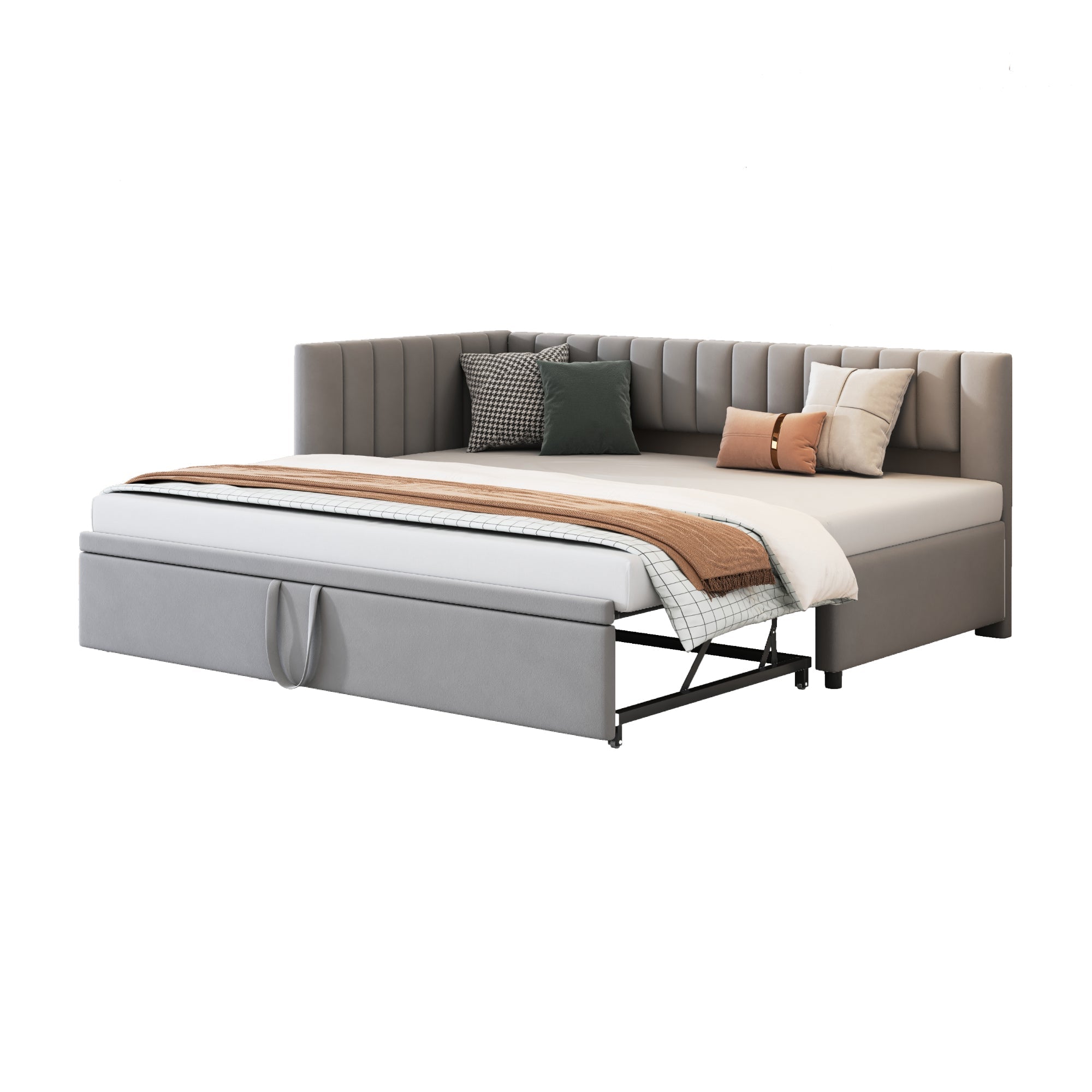 Logidon L-vorm slaapbank fluweelgrijs met onderschuifbed 90x200/180x200