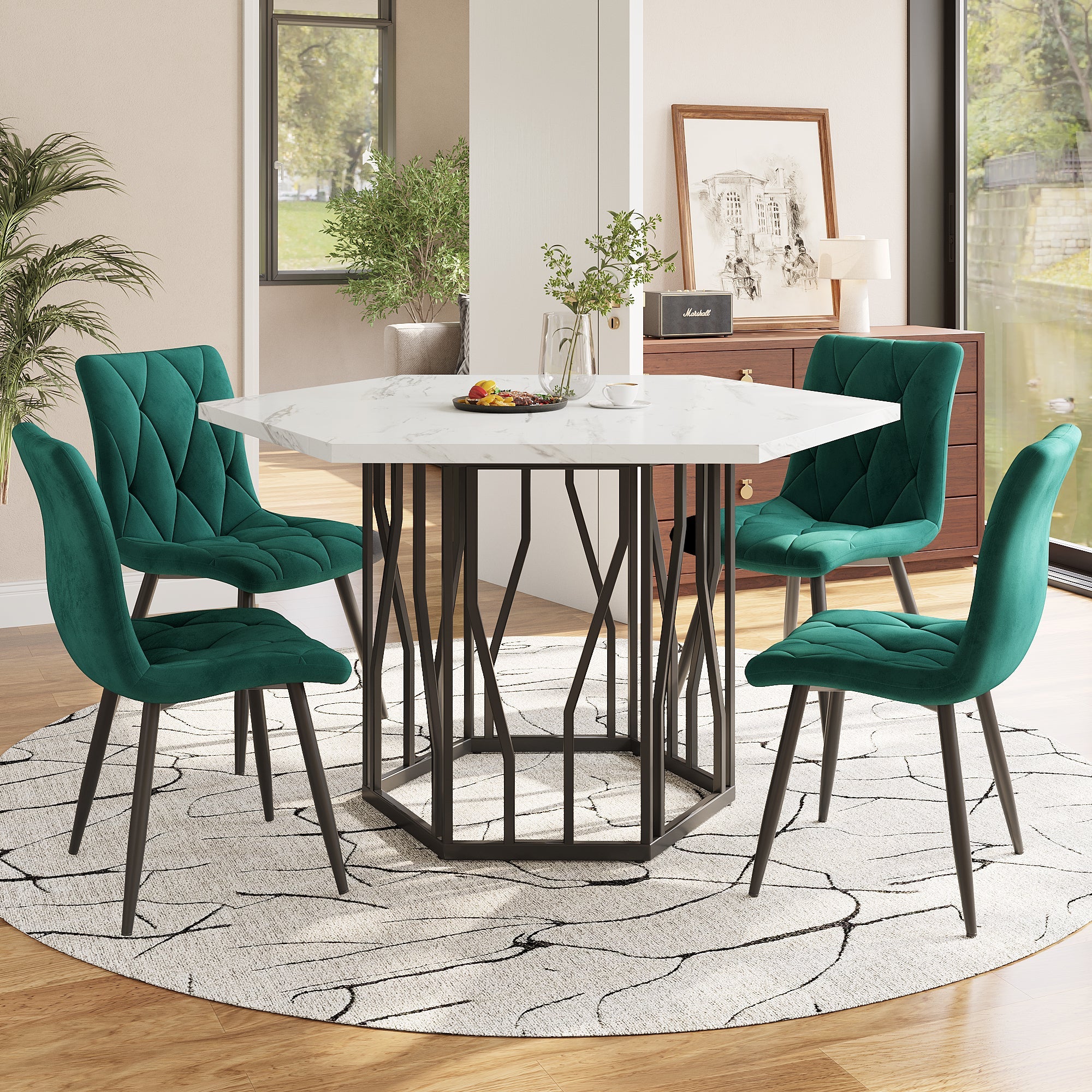 Logidon Eettafelset Zeshoekige marmeren tafel en 4 groen fluwelen stoelen