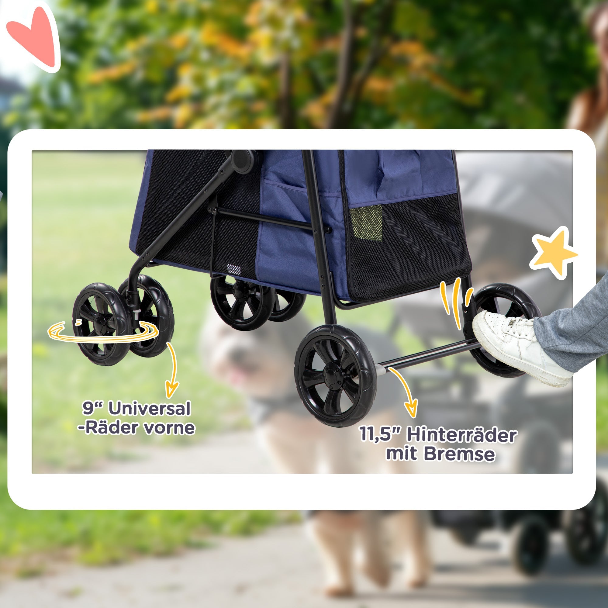 Logidon Hondenbuggy Blauw Opvouwbare Trolley met Kussen en Zijvakken