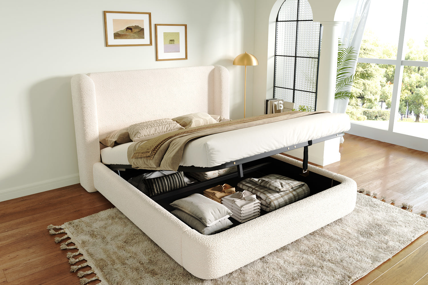 Logidon gestoffeerd bed tweepersoonsbed 160x200 beige bouclé met opbergruimte