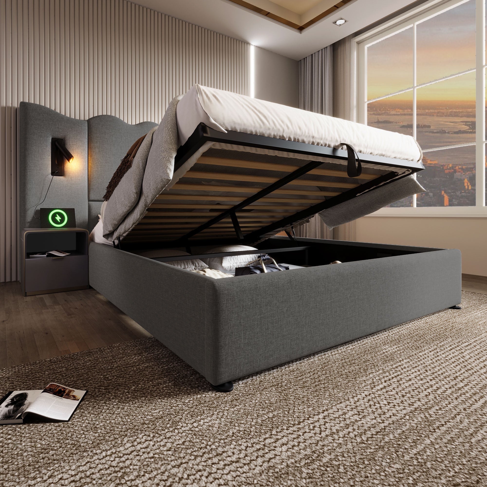 Logidon gestoffeerd bed 160x200 grijs linnen met USB Type C oplaadfunctie