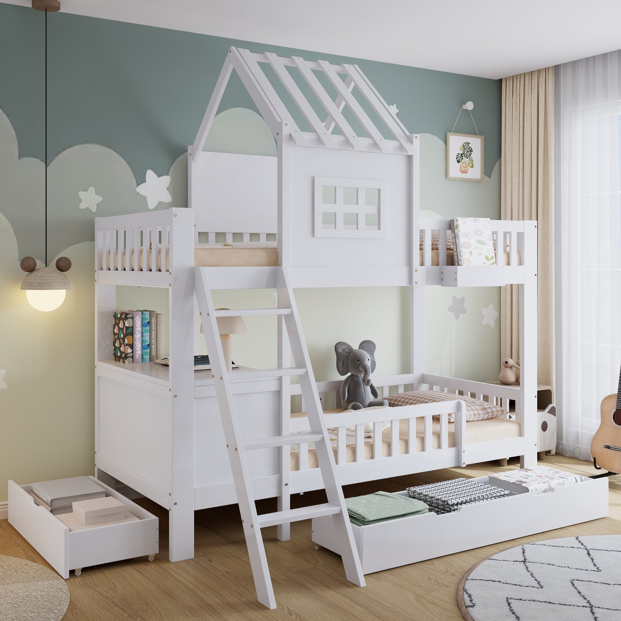 Logidon stapelbed 90x200 wit met dak, raam en 2 lades