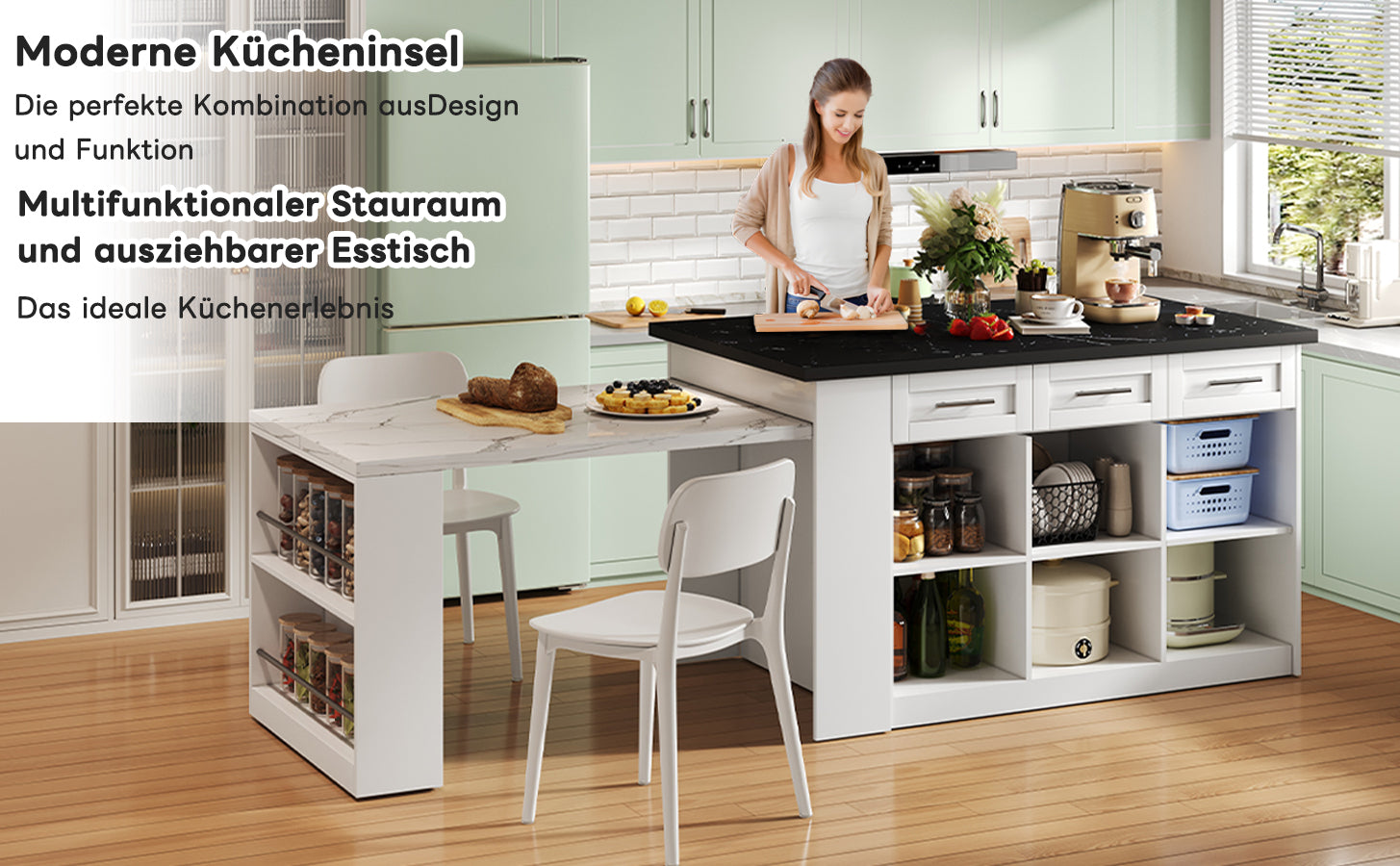 Logidon keukeneiland 150x96 cm wit met marmeren blad uitschuifbare eettafel