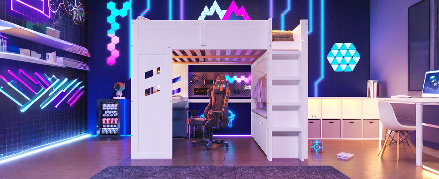 Logidon hoogslaper 140x200 cm wit gamingbed met bureau LED