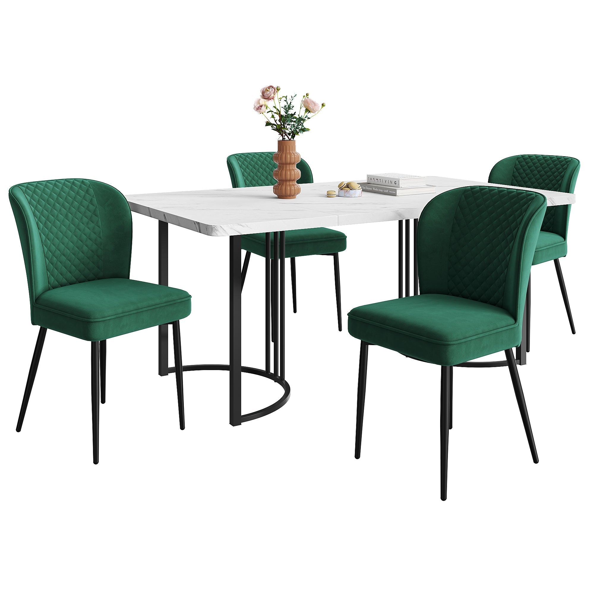 Logidon eettafelset 5 stuks donkergroene fluwelen stoelen tafel 140x80 cm