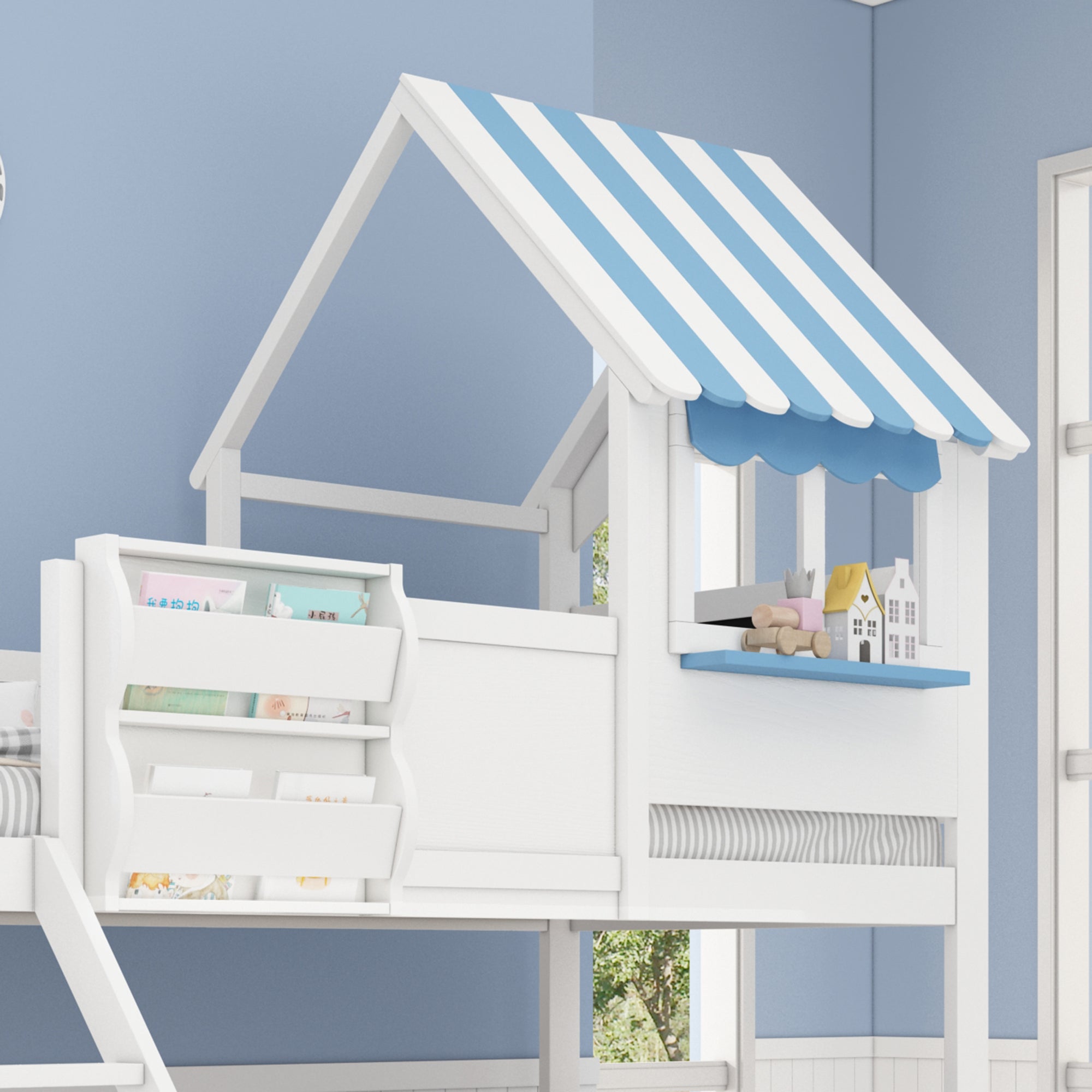 Logidon stapelbed kinderbed met opbergruimte 90x200/120x200 wit-blauw