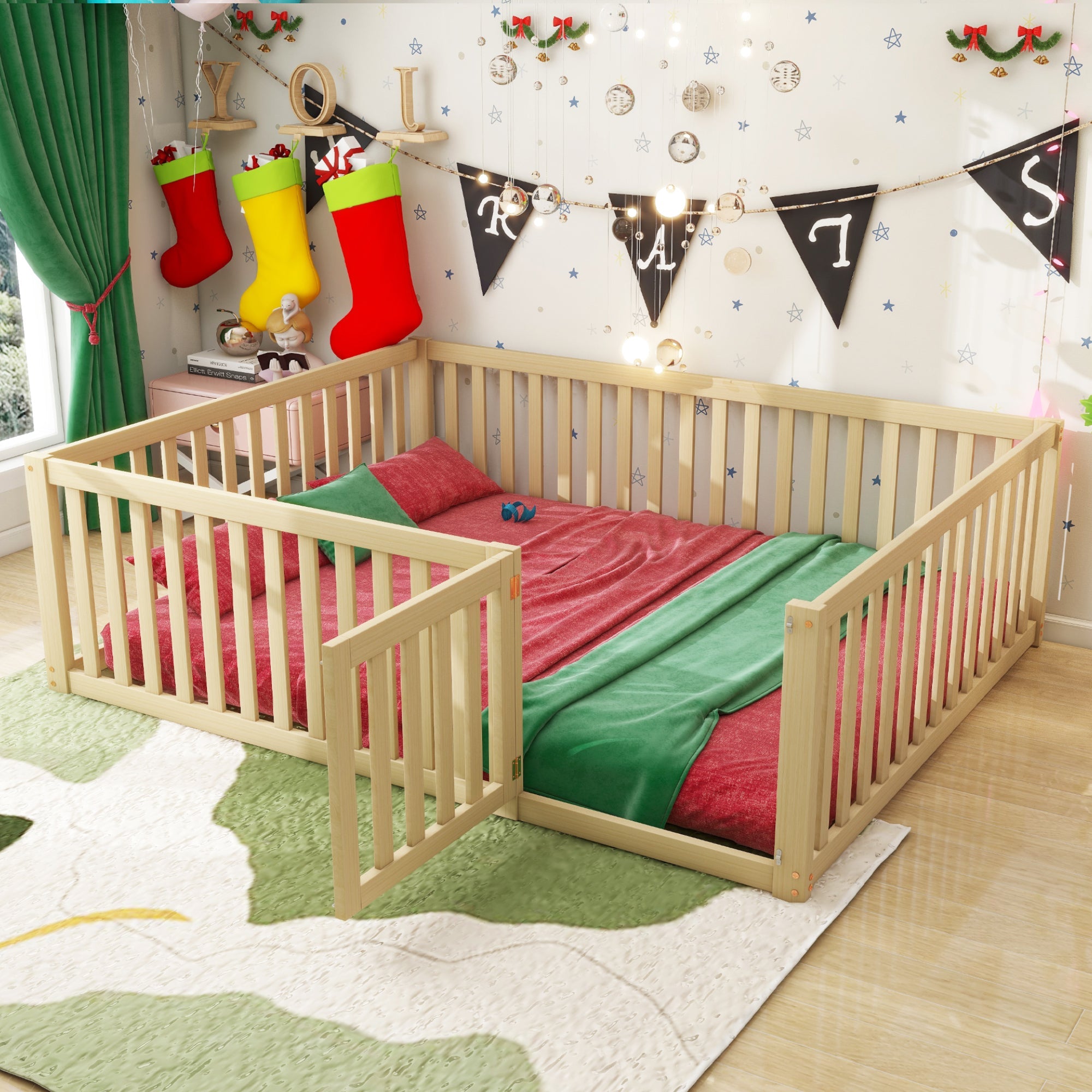 Logidon Kinderbed 140x200 Naturel Hout Met Hek En Deur