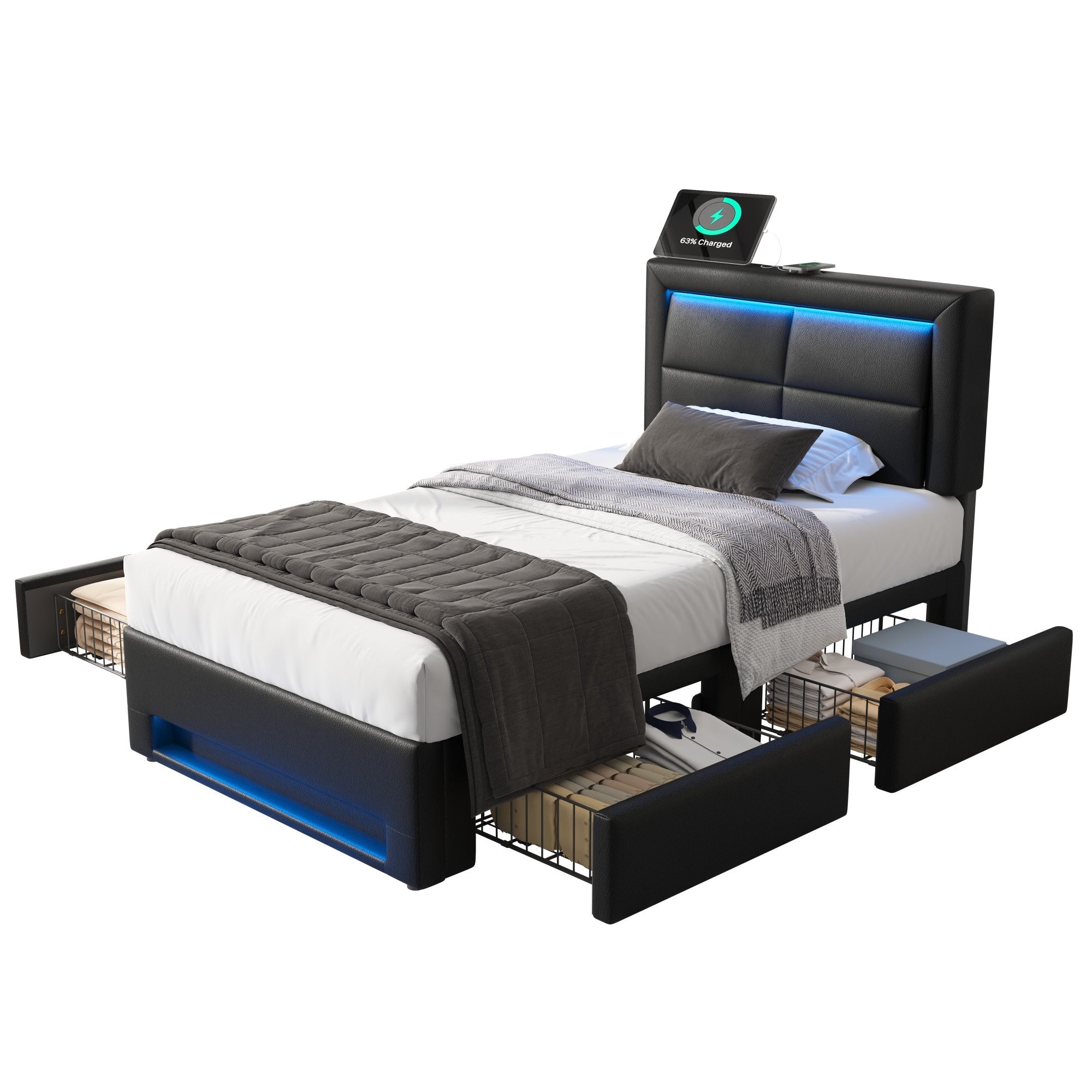 Logidon gestoffeerd bed 90x190 cm zwart met USB LED en vier lades