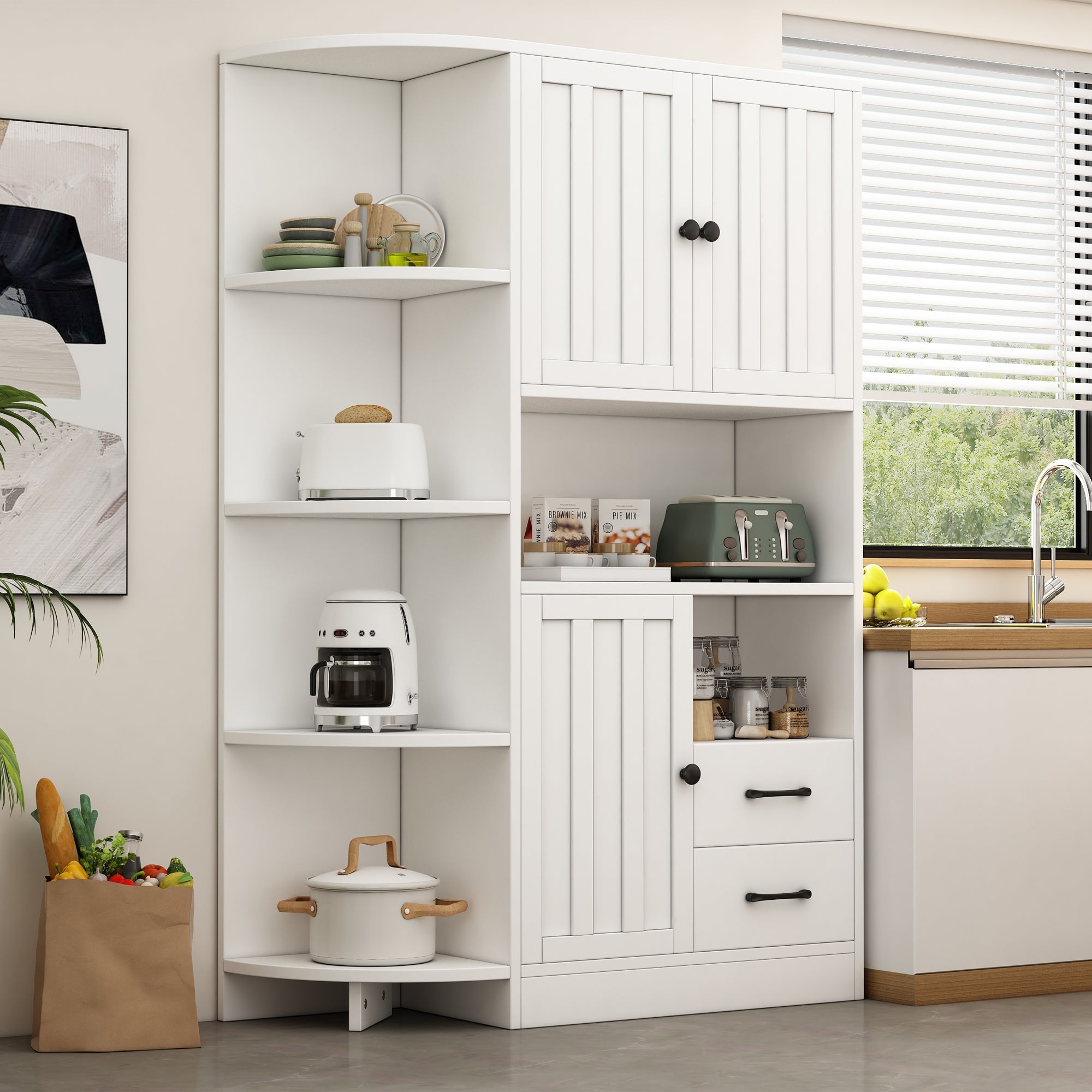 Logidon corner cabinet white 104x35x155 cm display cabinet 3 doors 2 drawers