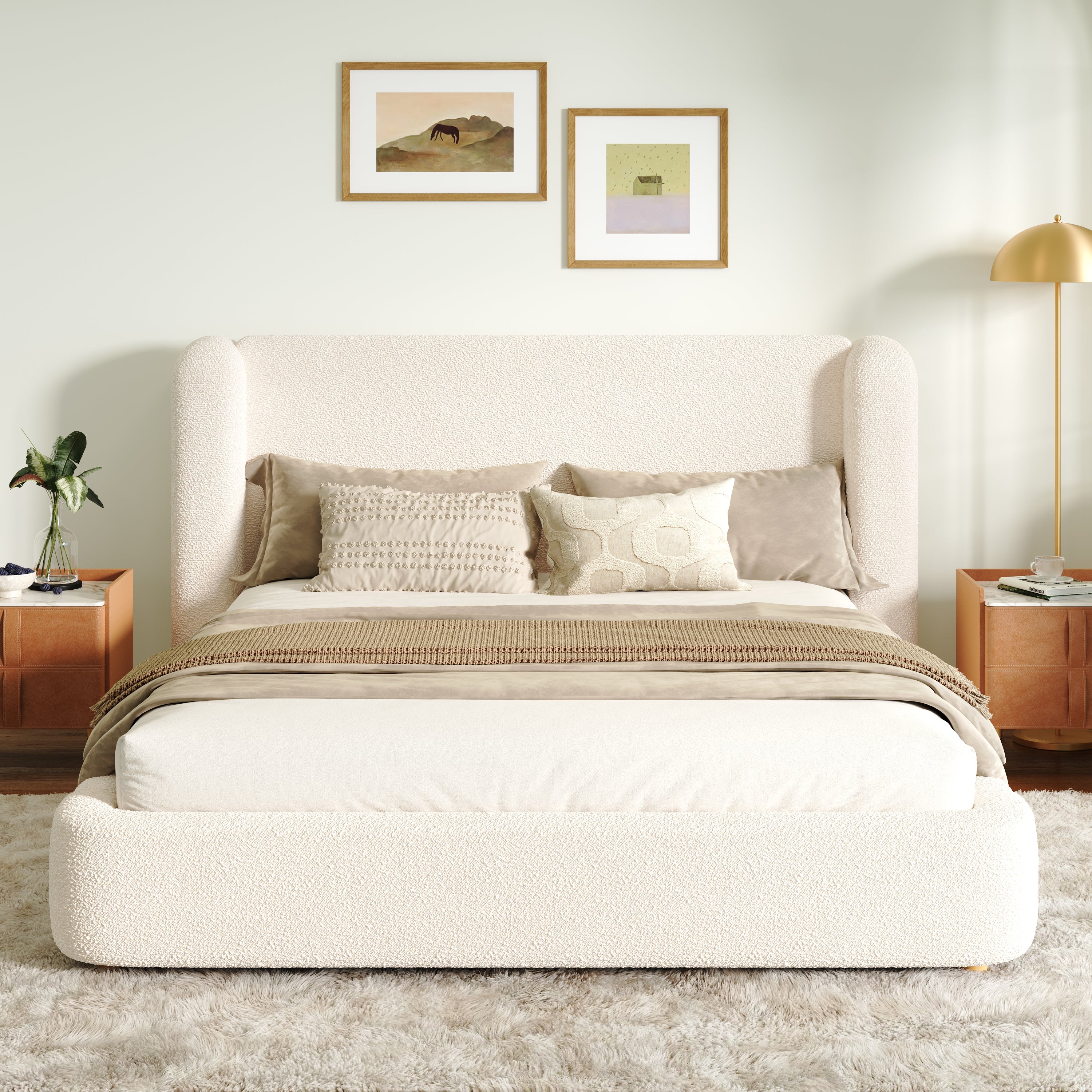 Logidon gestoffeerd bed tweepersoonsbed 160x200 beige bouclé met opbergruimte