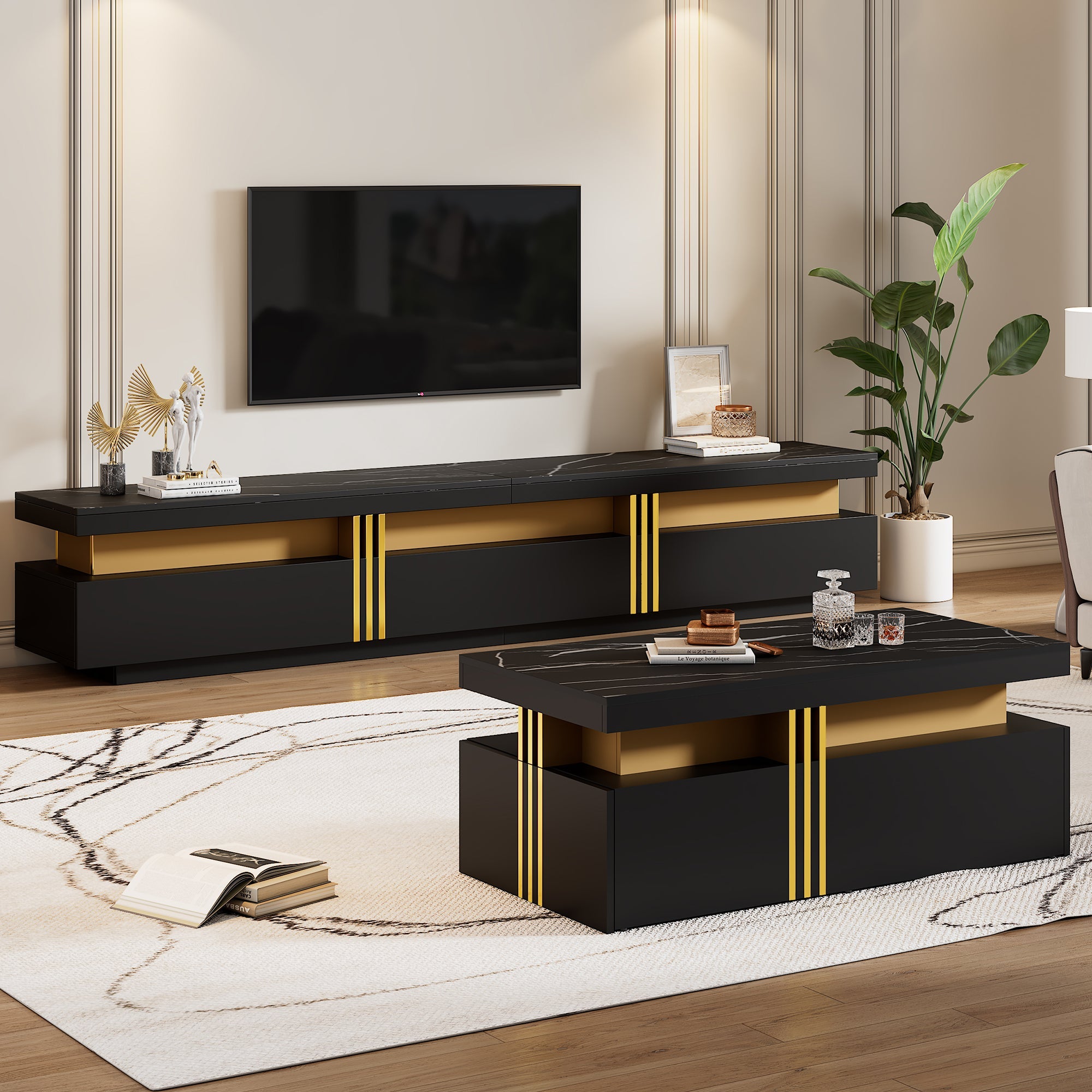 Logidon Zwarte tv-wandmeubelset 2 tv-kast salontafel marmerlook