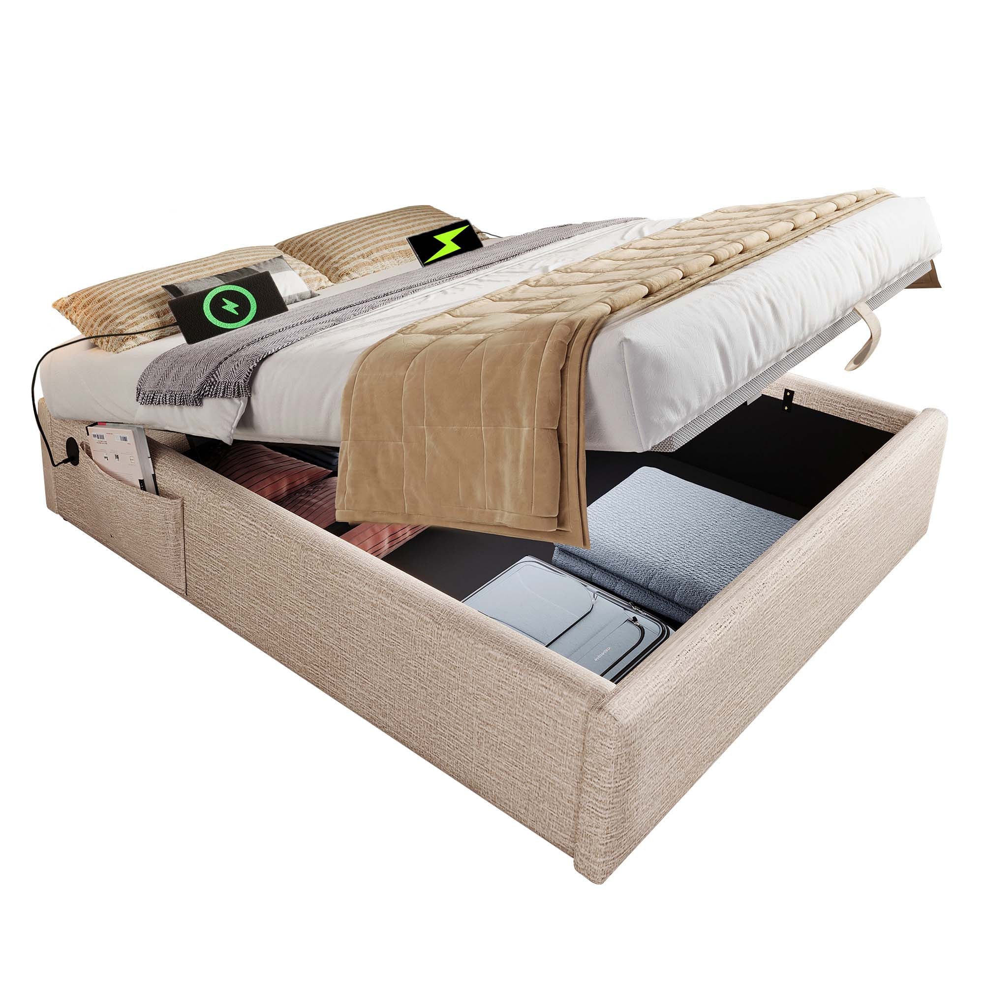 Logidon gestoffeerd bed tweepersoonsbed 160x200 beige USB-C poorten en opbergruimte