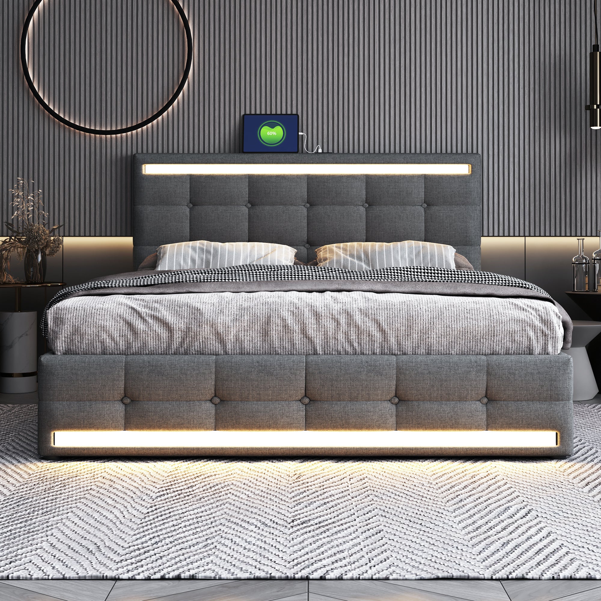 Logidon gestoffeerd bed 140x200 cm grijs LED opbergruimte USB 4 lades