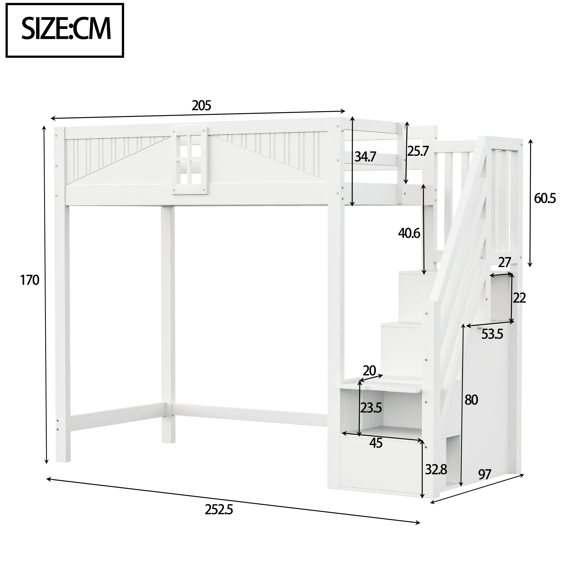 Logidon massief houten hoogslaper 90x200 cm wit met veiligheidsdeurraam