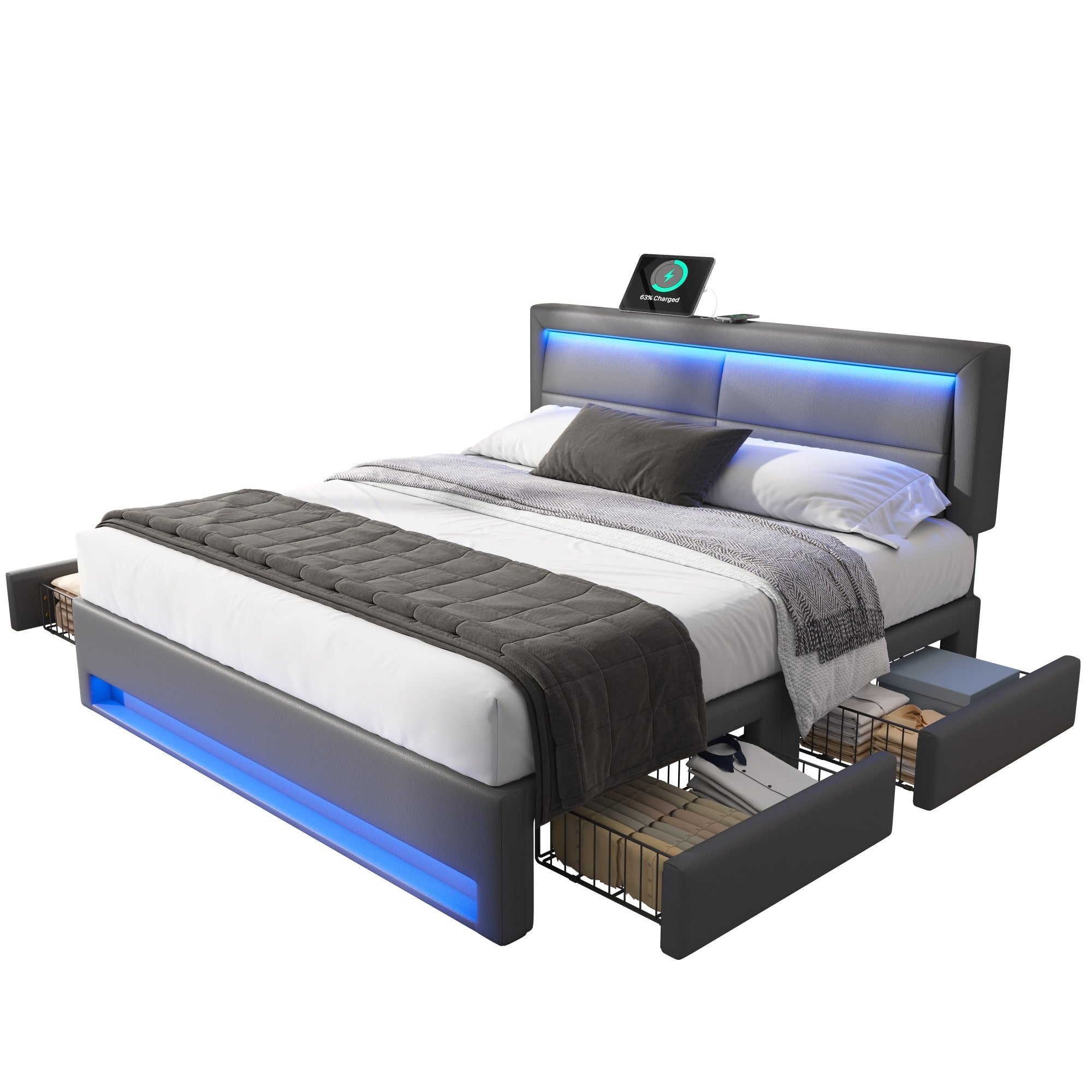 Logidon bed 140x190 grijs met USB-oplaadpoort LED-verlichting en 4 lades