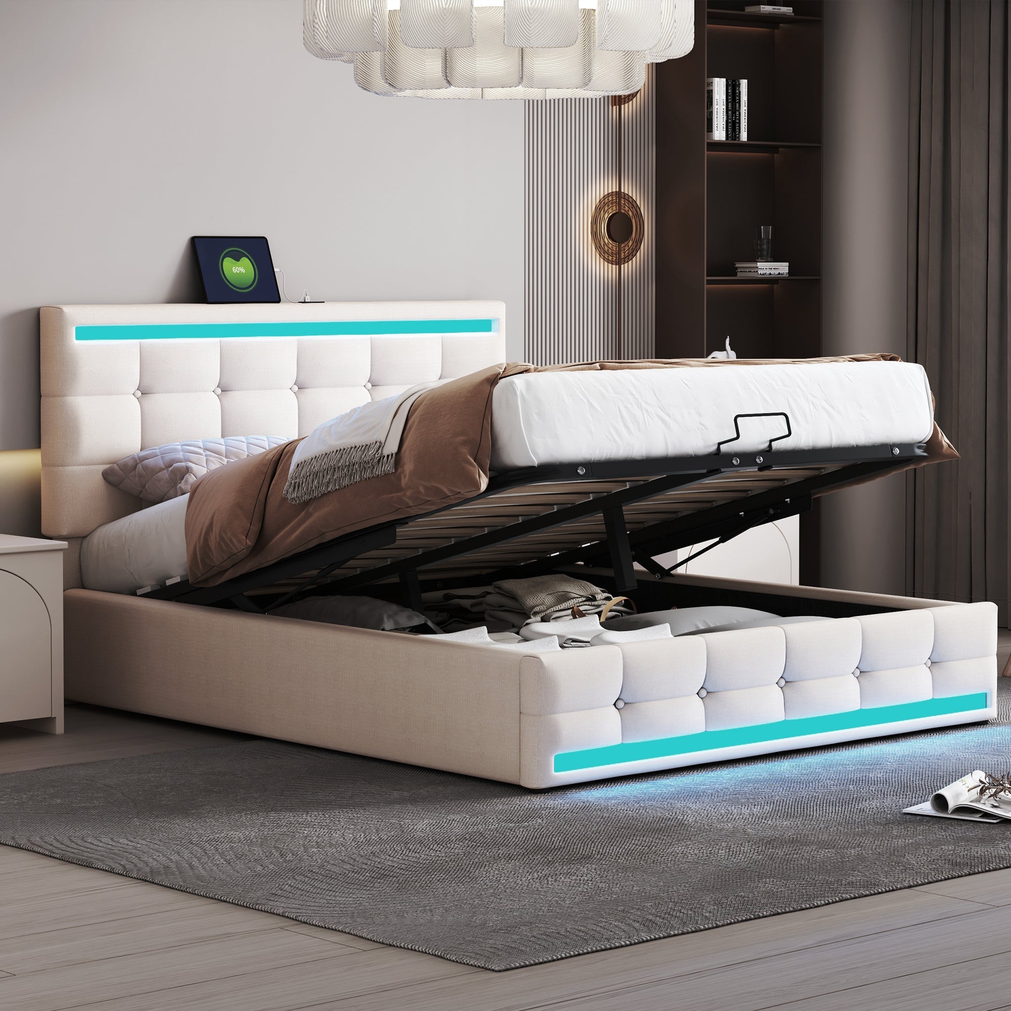 Logidon gestoffeerd bed 140x200 beige met LED verlichting en opbergruimte