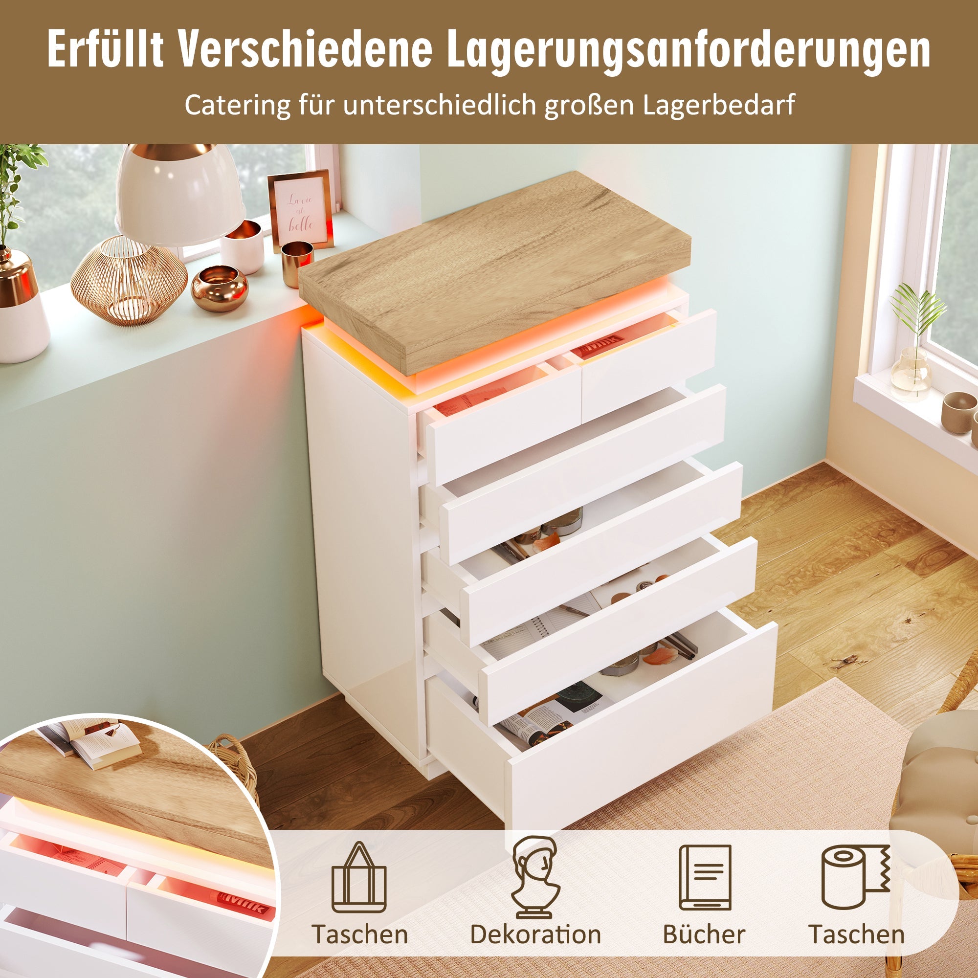 Logidon sideboard 6 drawers white 115x73x39 cm LED app control