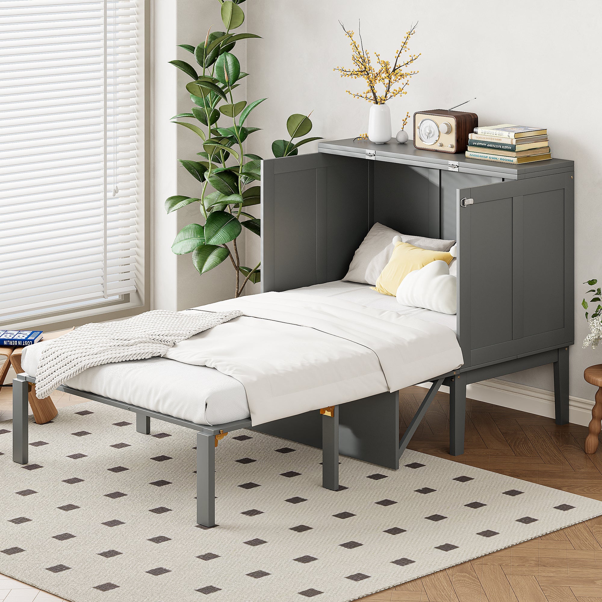 Logidon Murphy bed 90x200 grijs verticaal opklapbed met lattenbodem