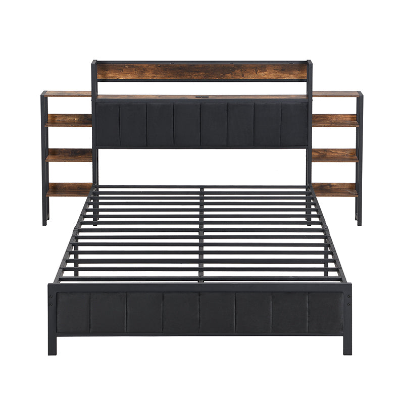 Logidon metalen bed 140x200 met opbergruimte USB-poorten zwart walnoot