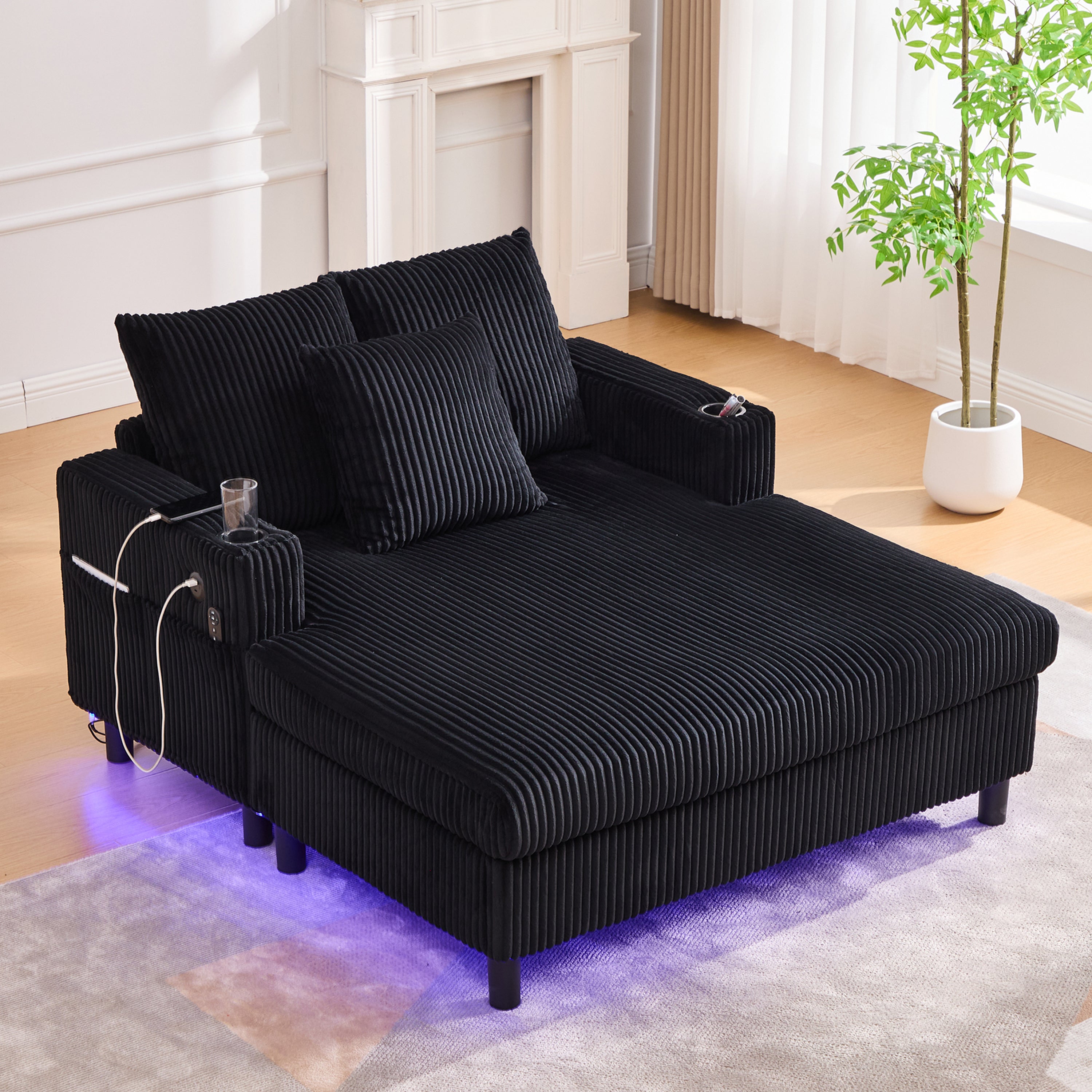 Logidon Velvet Chaise Longue Zwart met USB-oplaadpunten en LED-verlichting