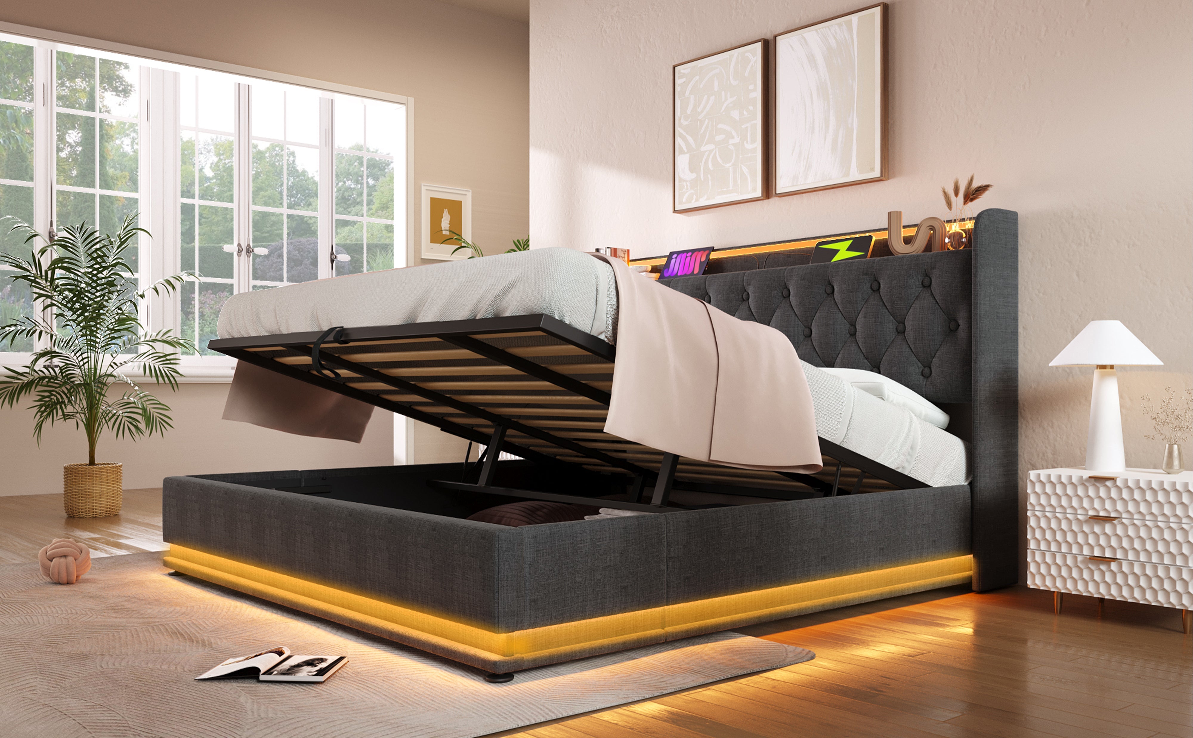 Logidon gestoffeerd bed tweepersoonsbed 180x200 cm grijs linnen LED-verlichting USB C