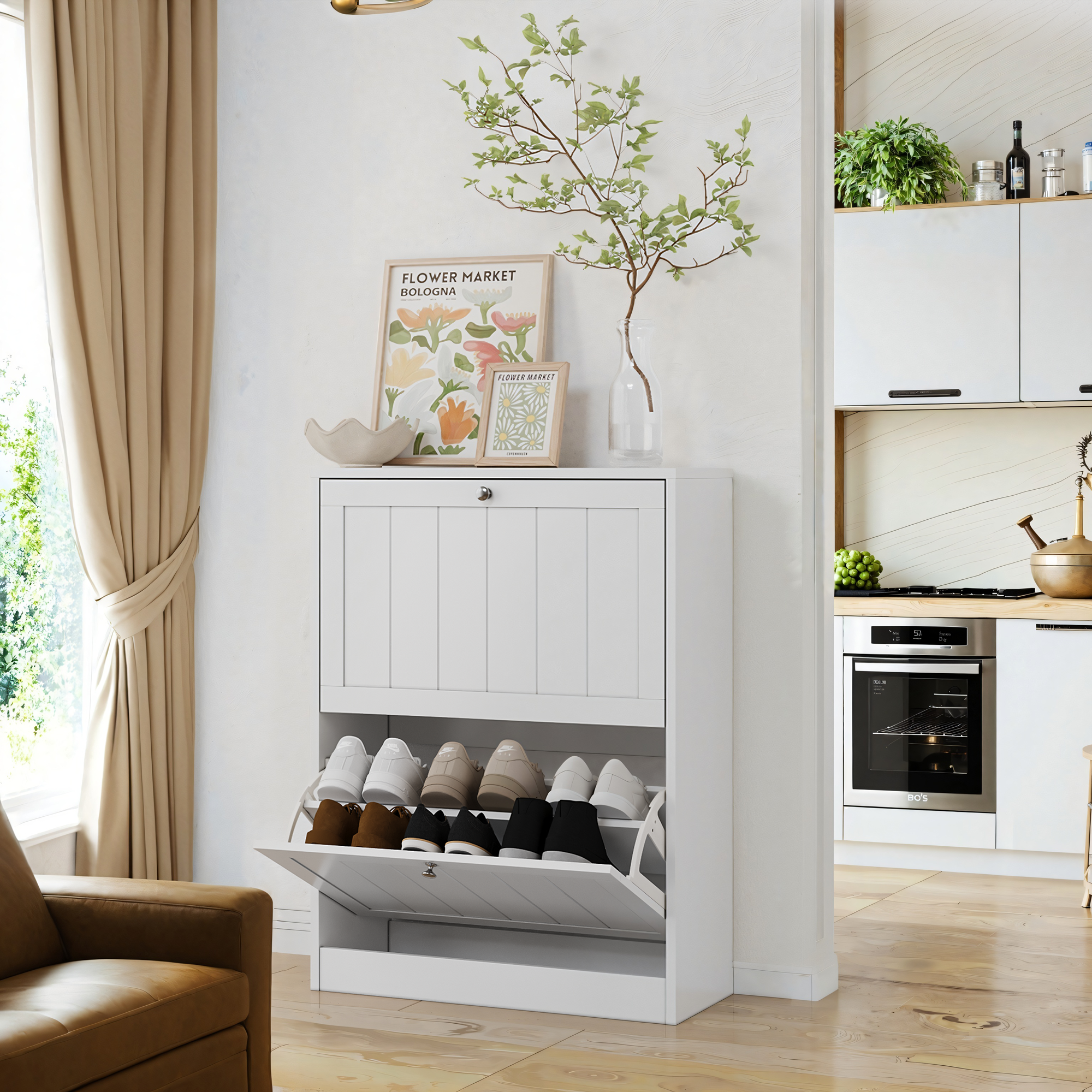 Logidon 60 cm witte schoenenkast vrijstaand met 2 inklapbare lades
