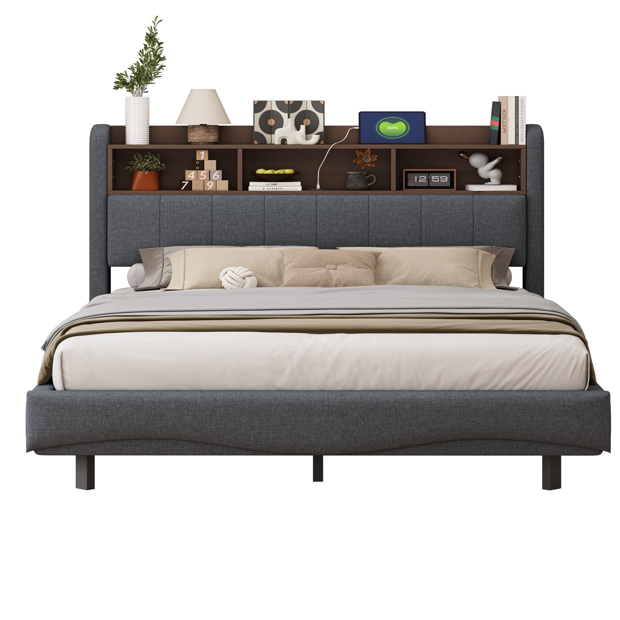 Logidon hangend gestoffeerd bed 160x200 grijs met LED-licht USB TypeC